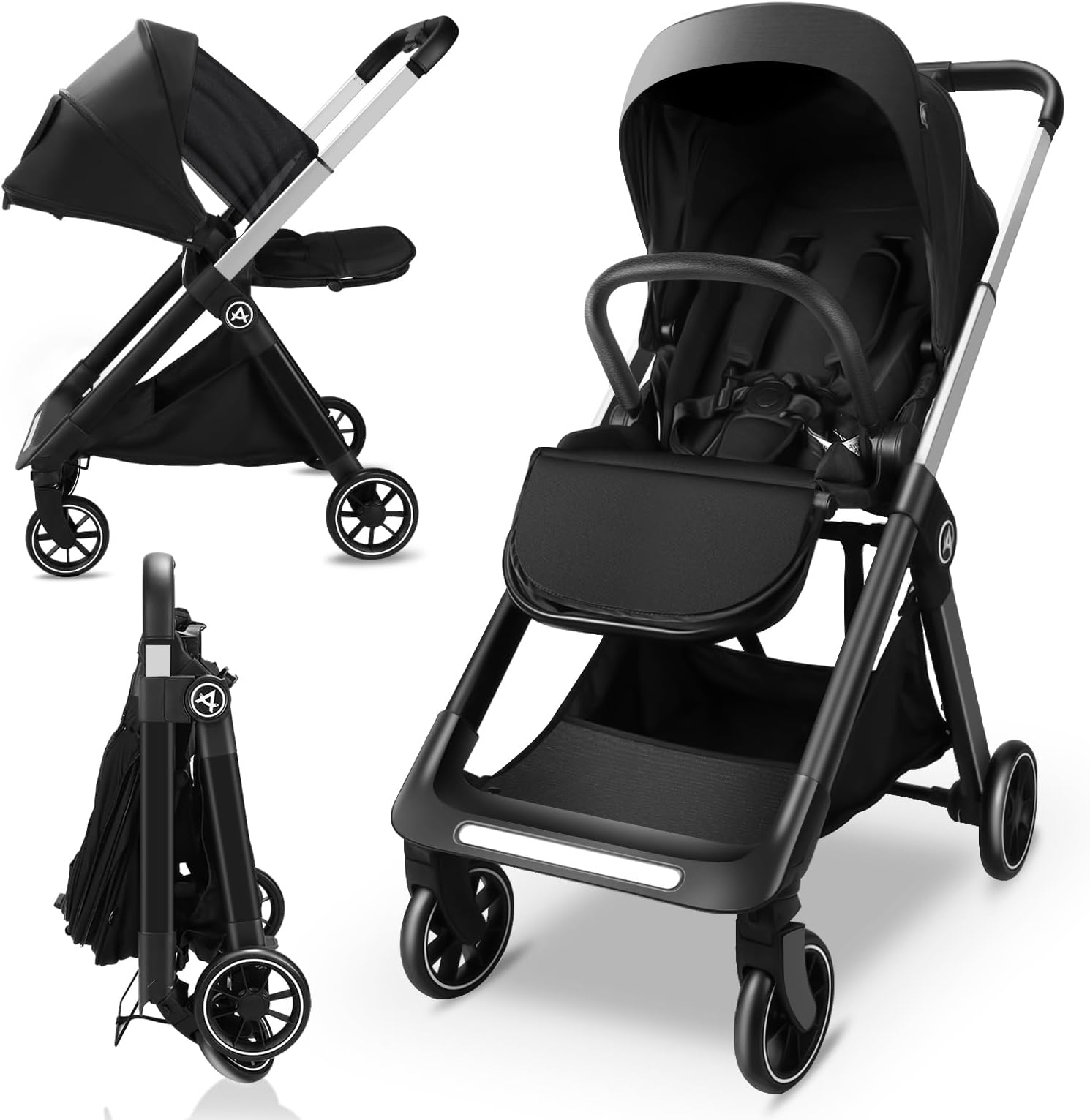 Reversible Baby Stroller, Foldable Toddler Stroller with Reversible Seat, Hidden Foot Cover & Sleep Shade, 4-Wheel Shock- Absorbing, Infant Pram Pushchair for 0-3 Year Old (Max 22KG)