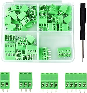 52PCS 2.54mm 0.1" Pitch PCB Mount Screw Terminal Block Connector, Minidodoca 2P 3P 4P 5P Terminals 150V 6A for 26-18AWG Cable，Equipped with Special Screwdriver