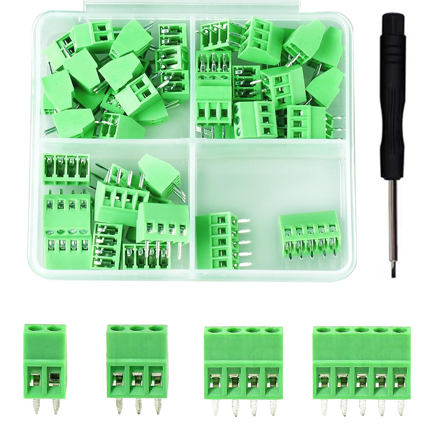 46PCS 2.54mm 0.1" Pitch PCB Mount Screw Terminal Block Connector, Minidodoca 2P 3P 4P 5P 6P 7P 8P Terminals 150V 6A for 26-18AWG Cable，Equipped with Special Screwdriver