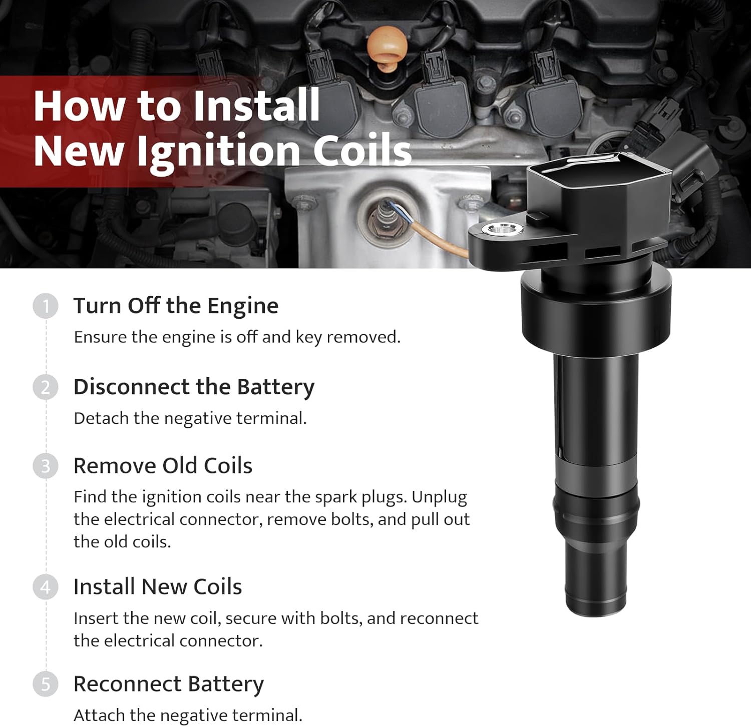 Ignition Coil Pack and Spark Plugs Kit fit for L4 1.6L 12-19 Hyundai Accent Essential GL GLS, Veloster, Kia Soul Rio 2012 2013 2014 2015 2016 2017 2018 2019 1.6, UF652, Set of 4