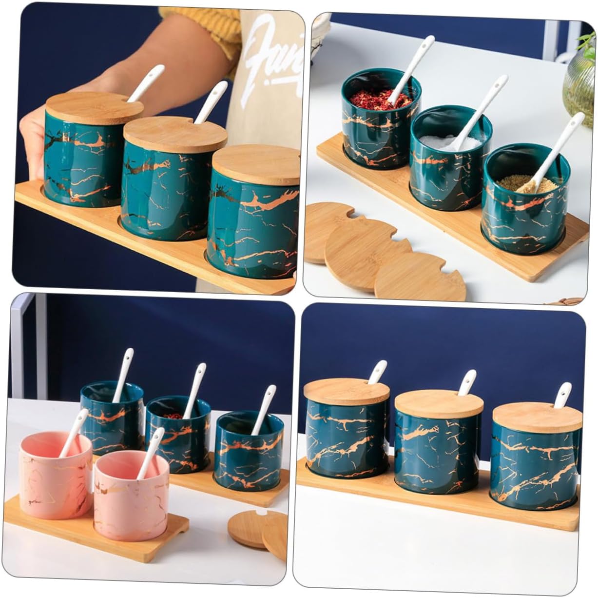 Yardwe Ceramic Spice Jars with Lids and Spoons, 3pcs Emerald Tone Stone Pattern Seasoning Container Set for Kitchen Storage and Condiment Serving
