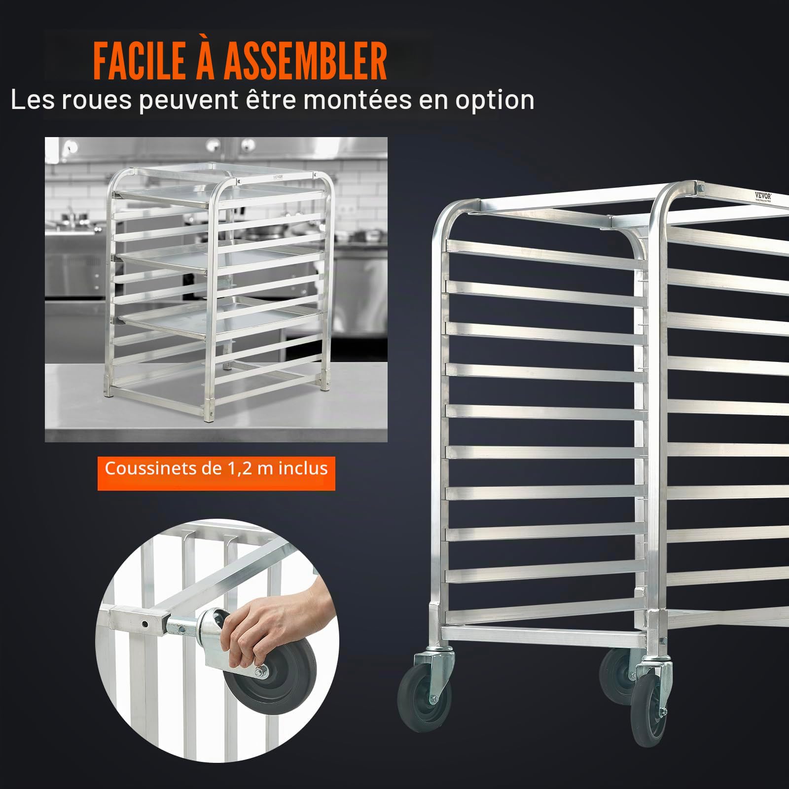 VEVOR Chariot Porte-Plaques pour Boulangerie et Pâtisserie 10 Niveaux, Échelle porte-Plateaux Pâtisserie sur Roues Commerciale, Chariot de Stockage en Aluminium, Cuisson du Pain, 66x51,5x98,5 cm
