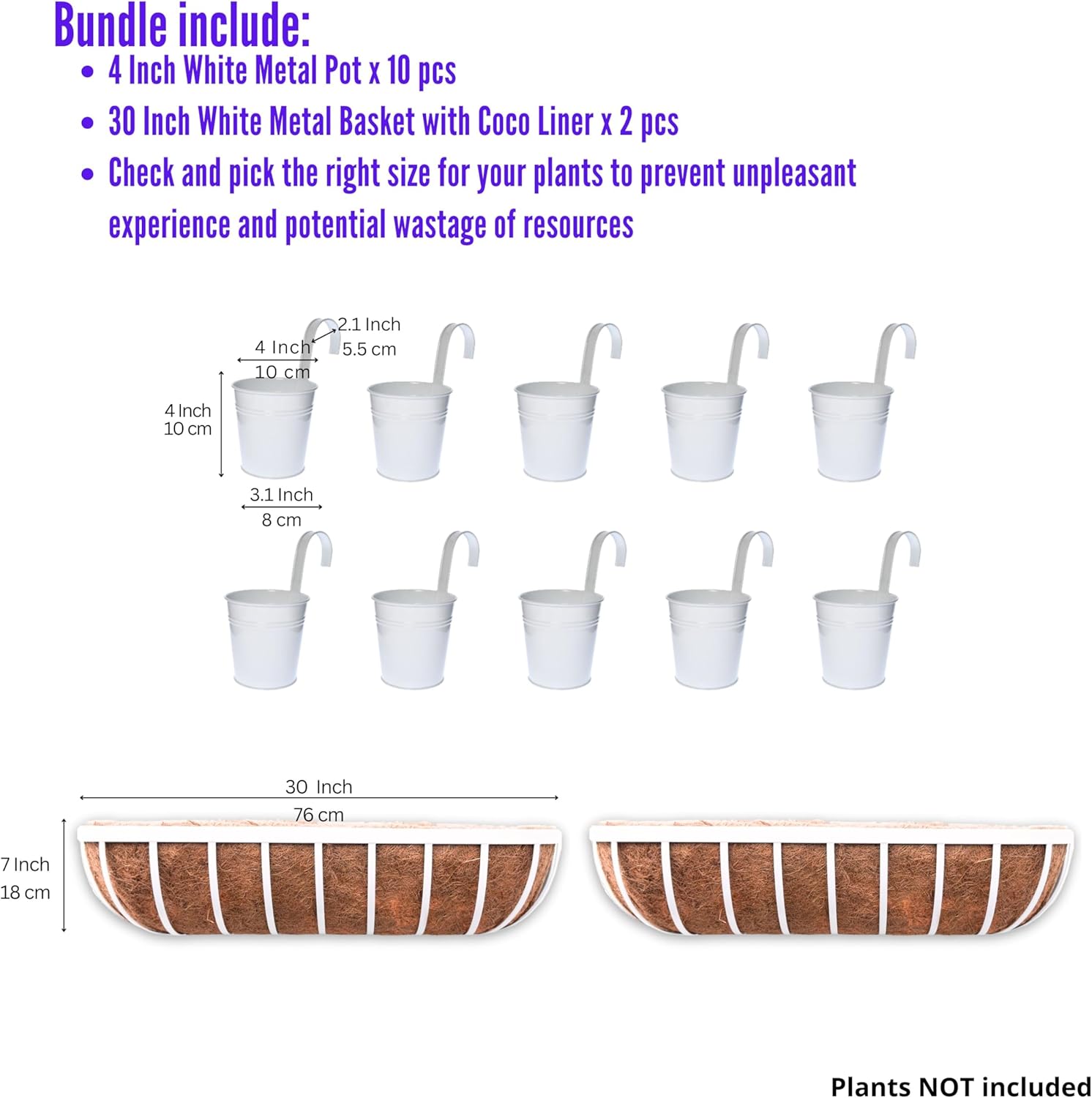 LaLaGreen Bundle- 10 Pack, 4 Inch White Metal Pot + 2 Pack, 30 Inch Metal Basket with Coco Liner Rectangular Window Horse Trough Flower Box Patio Porch Rail Fence Outdoor Plant Holder with Hook Garden