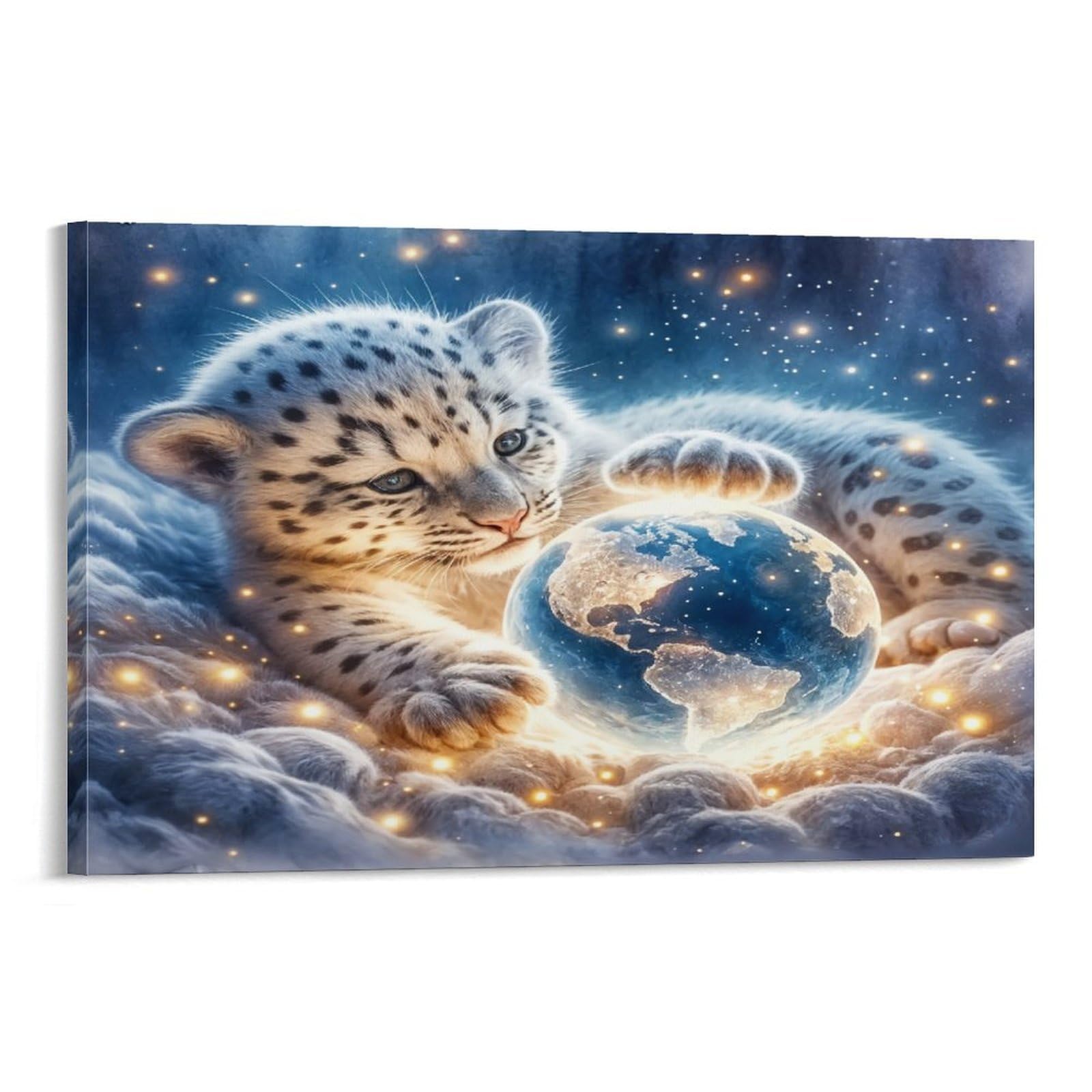 CPLVKWRQJ Snow Leopard Cub Individual Snow Leopard Cub Glowing Globe Fluffy Clouds Wall Art Decor - Kitchen Removable Canvas Wall Art Multi-Purpose Focal Point 16x24inch(40x60cm)