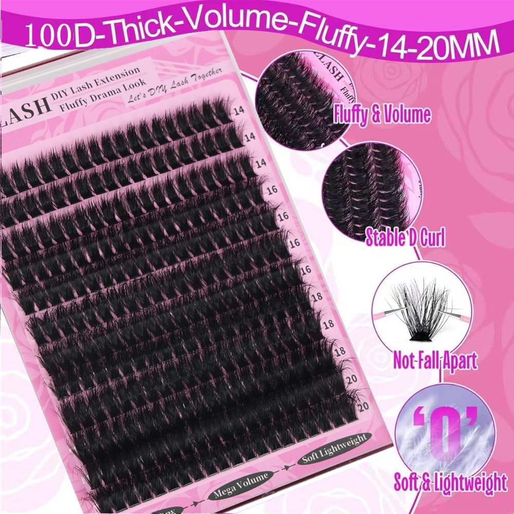 Individual Eyelashes Wispy Lash Clusters Kit 100D Cluster Lashes DIY Eyelash Extension Kit 14-20MM Russian D Curl Lashes 240PCS Individual Cluster with Tweezers and Bond and Seal(100D KIT) - Image 2