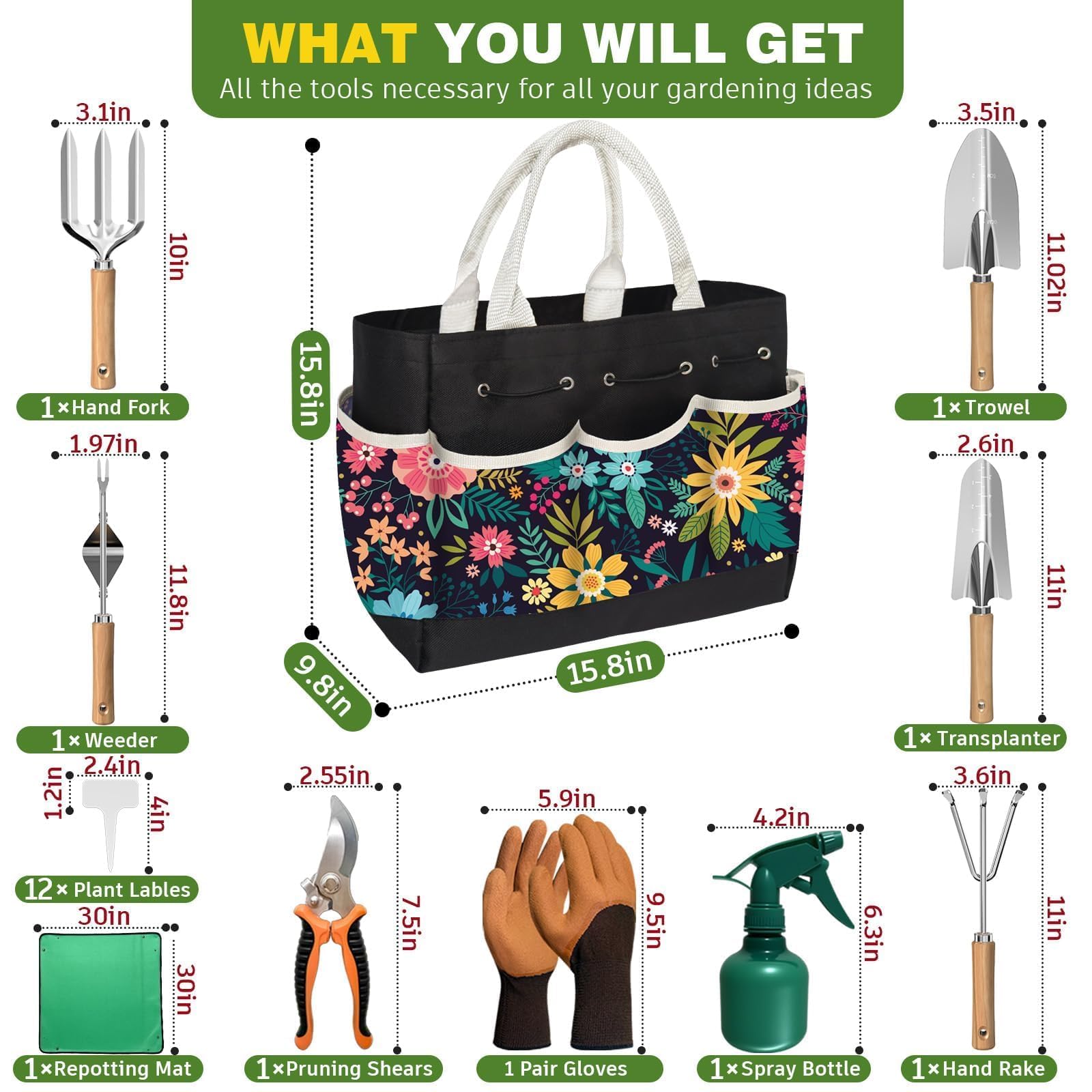 22Pcs Gardening Tools Set for Women Heavy Duty Garden Hand Tool Kit Birthday Gifts for Mom Her Wife Grandma Beginner Gardening Accessories with Tote Bag/Shovel/Repotting Mat/Plant Labels/Gloves-Black