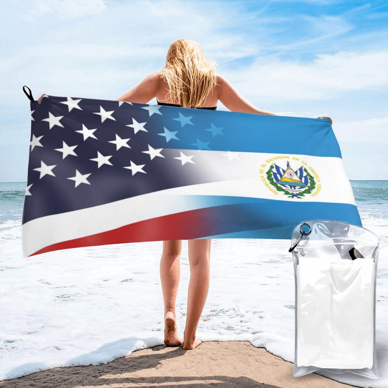 HACXZ Funny America Flag and Salvador Flag Absorbent Beach Towel Microfiber Beach Shower Towel 31.5"X63"