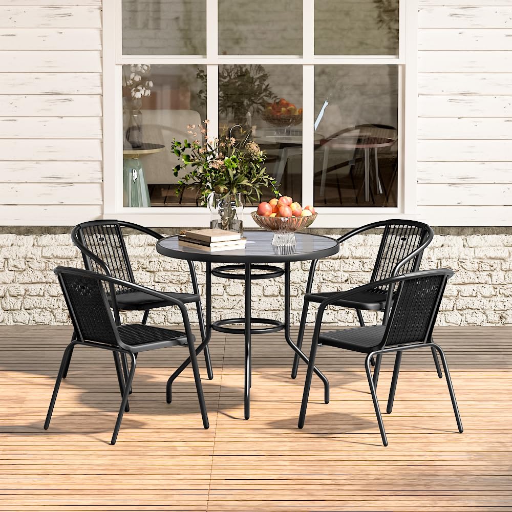 Warmiehomy 5 Piece Garden Dining Table and Chairs 4 Seater Garden Furniture Set Round Tempered Glass Table with Parasol Hole Wicker Stackable Chairs Wood Grain Outdoor Table Set for Patio, Yard