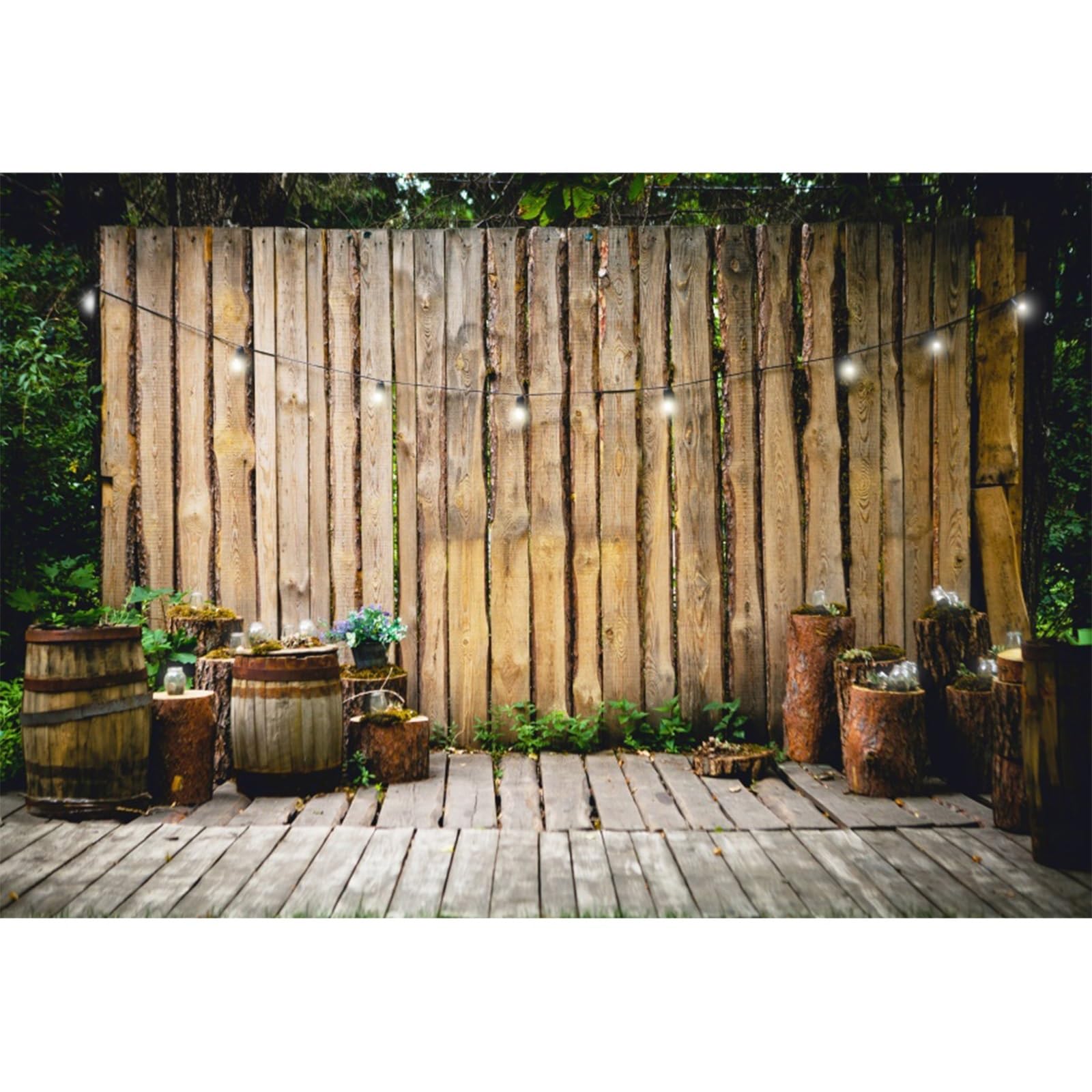 YongFoto 2,2x1,5m Polyester Toile de Fond Mur de Bois rayé Parquet Barils Tas de Bois Fond de Studio de Mariage Photo Décors de fête photobooth Shooting Accessoires