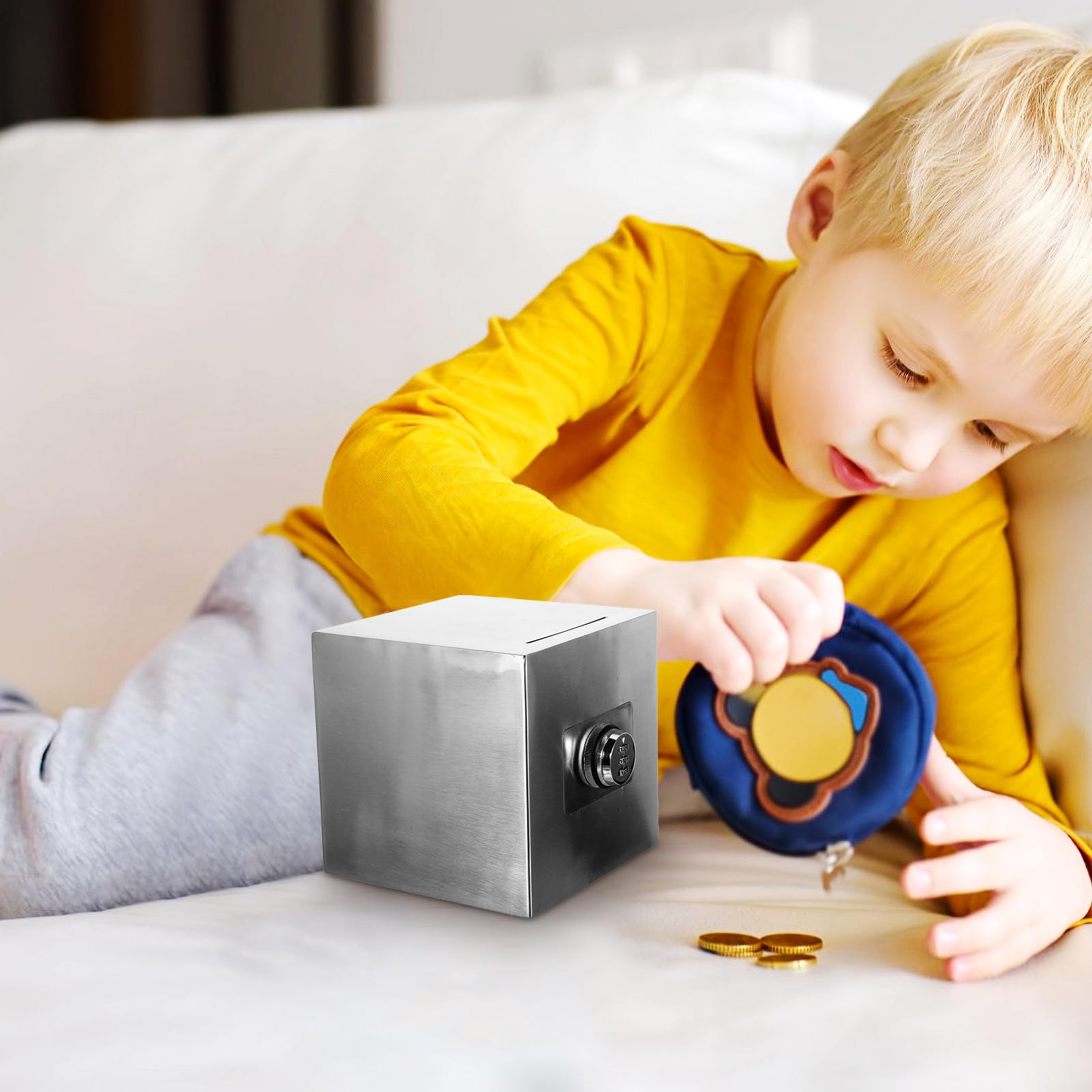 Artibetter Tirelire en Acier Inoxydable avec Cadenas, Boîte de Rangement Facile à Utiliser, Banque D'épargne pour Garçon et Filles et Adolescents, Coffre-Fort Sécurisé Argenté