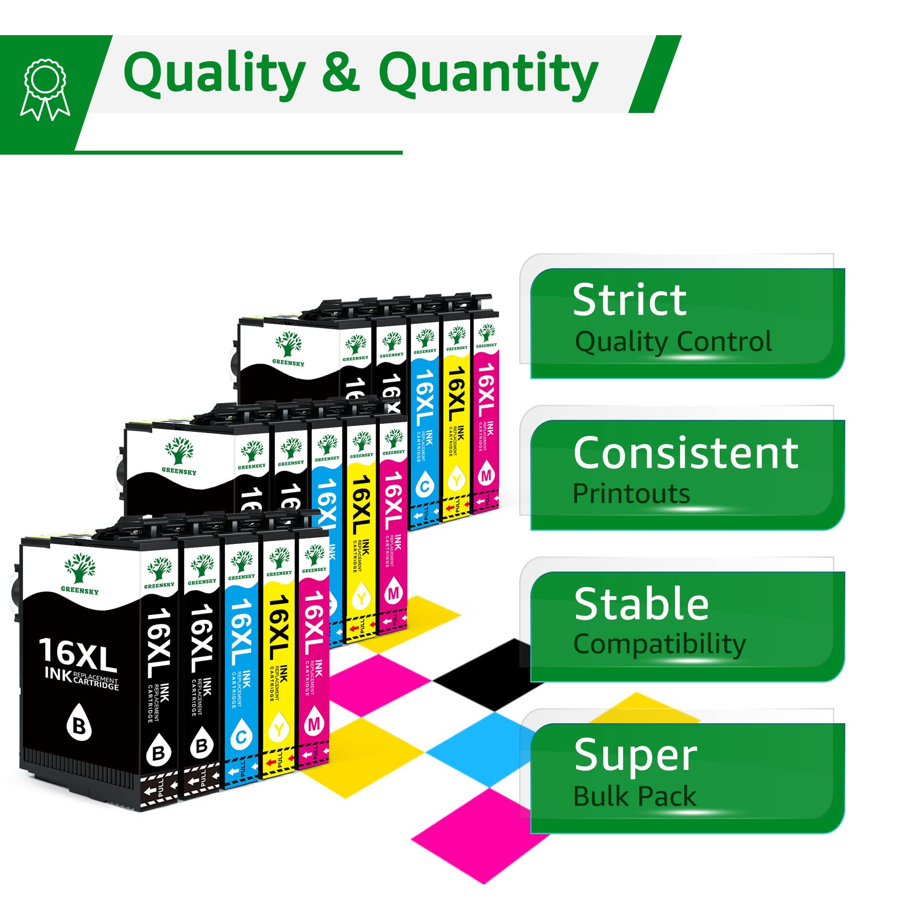 GREENSKY 16 XL Compatible Cartucce Epson 16XL, Confezione da 15 per Epson Workforce WF-2510 WF-2630 WF-2750 WF-2760 WF-2010 WF-2530 WF-2660 WF-2520 WF-2650 WF-2540 (6 Nero,3 Ciano,3 Magenta,3 Giallo)