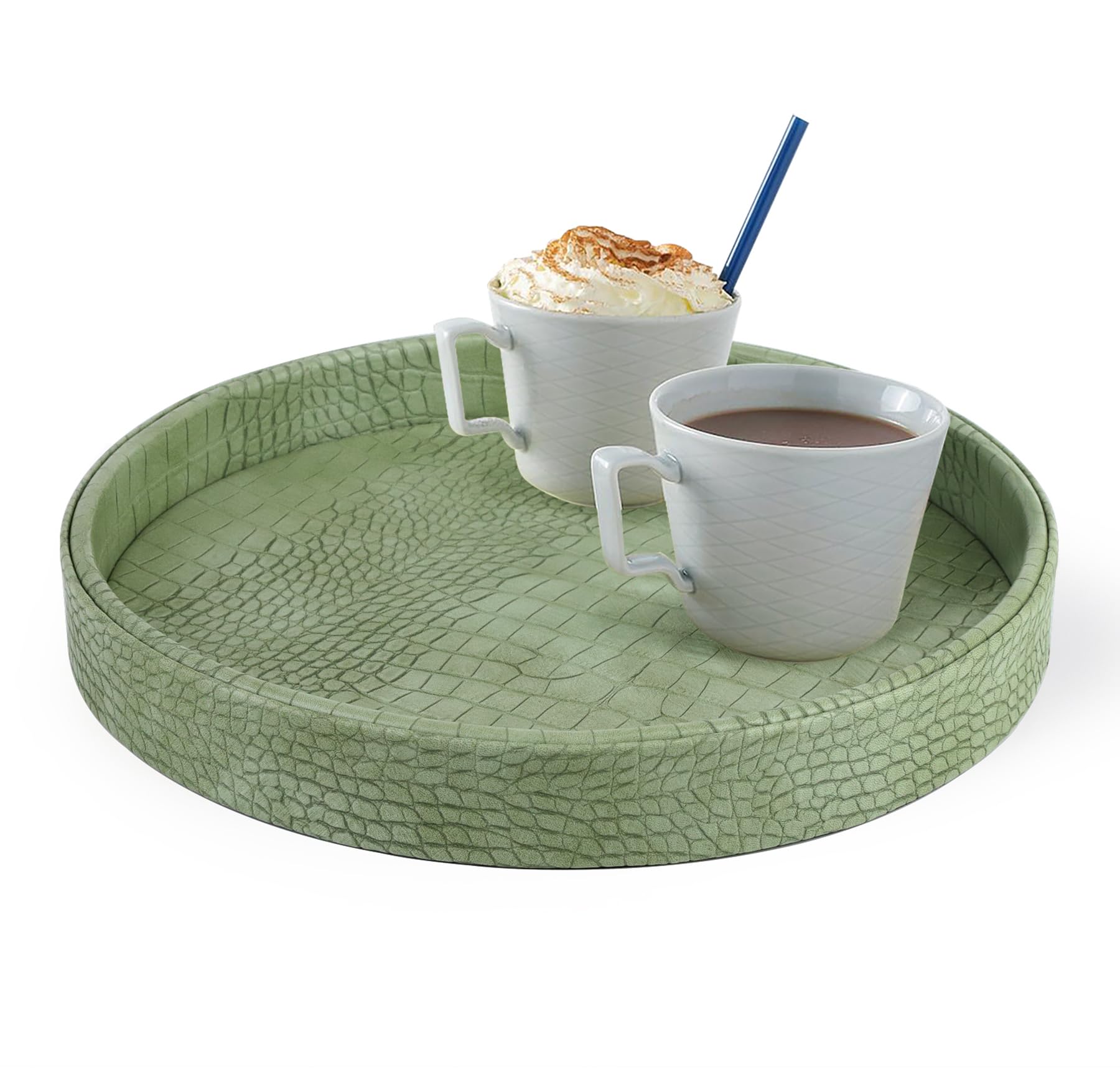 HofferRuffer Faux Leather Round Serving Tray, Vegan Croco Leather Decorative Food Tray for Storage Drinks, Snack & Cosmetics, Dia.12'' x 1.6'' (Light Green)