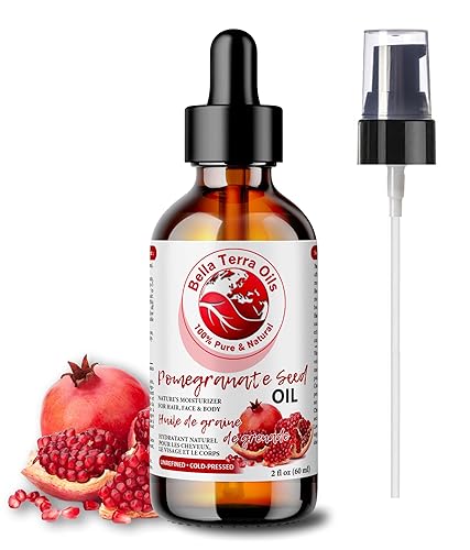 Bella Terra Oils Aceite de semilla de granada. 2oz. 100% puro. Prensado en frío. Sin refinar. Hidratante natural para cabello, piel, uñas, estrías