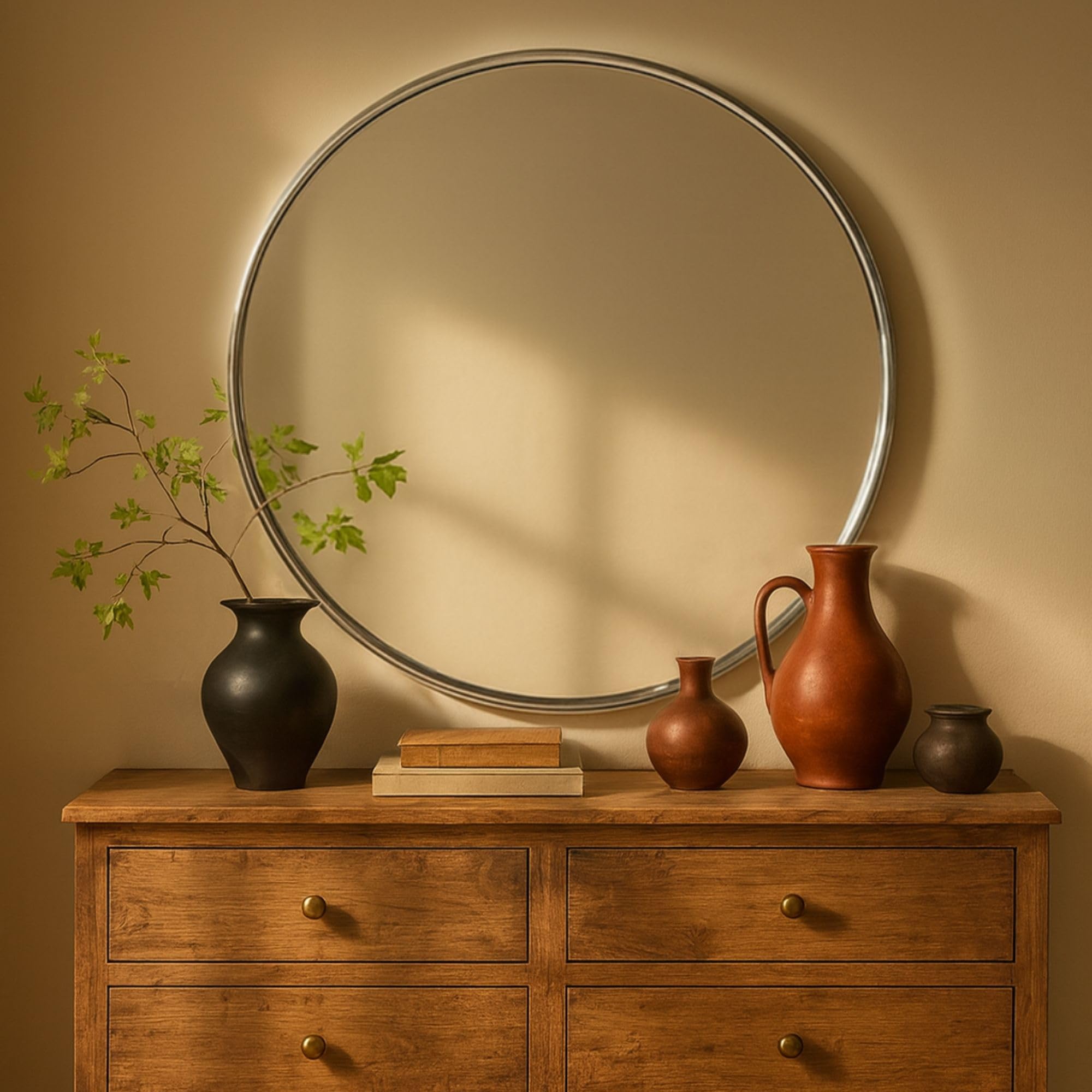 TEHOME Round Chrome 36 inch, Polished Silver Circle Metal Frame Bathroom Round Mirror for for Vanity &amp; Entrway