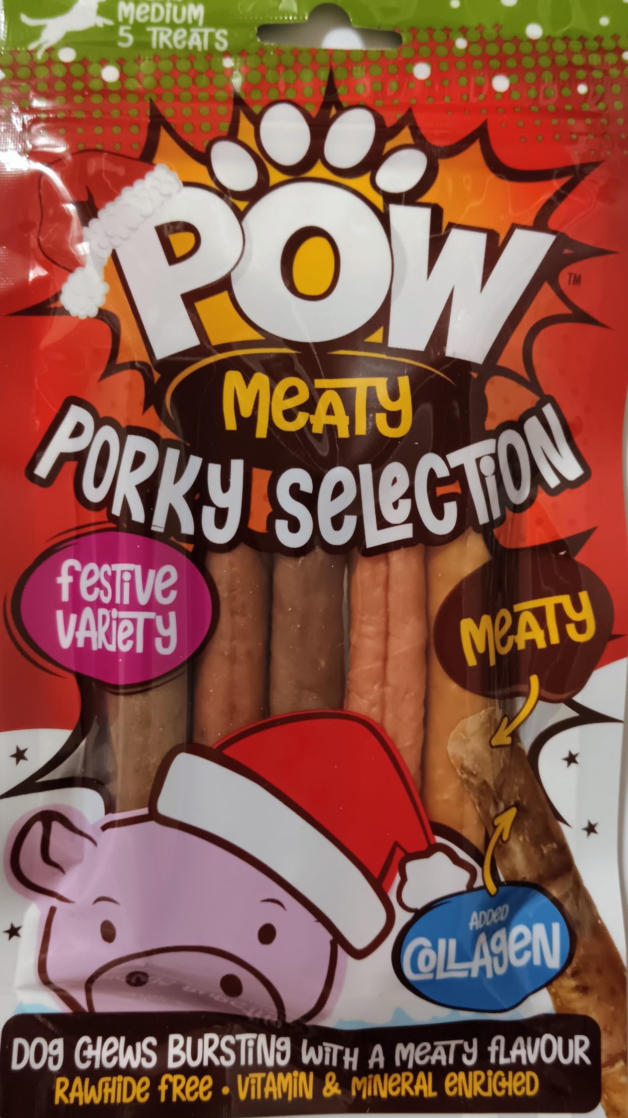 Pow Christmas Meaty Porky Selection Dog Treats 100g - Festive Variety - Rawhide Free - Extra Vitamins & Minerals - A Complementary Pet Food For Medium Adult Dogs