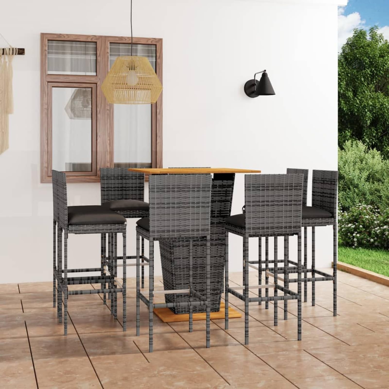 Homgoday Ensemble de bar de jardin 9 pièces avec coussins en polyrotin gris, salle à manger de jardin, meubles de jardin, ensemble de meubles de jardin, table et chaises extérieures