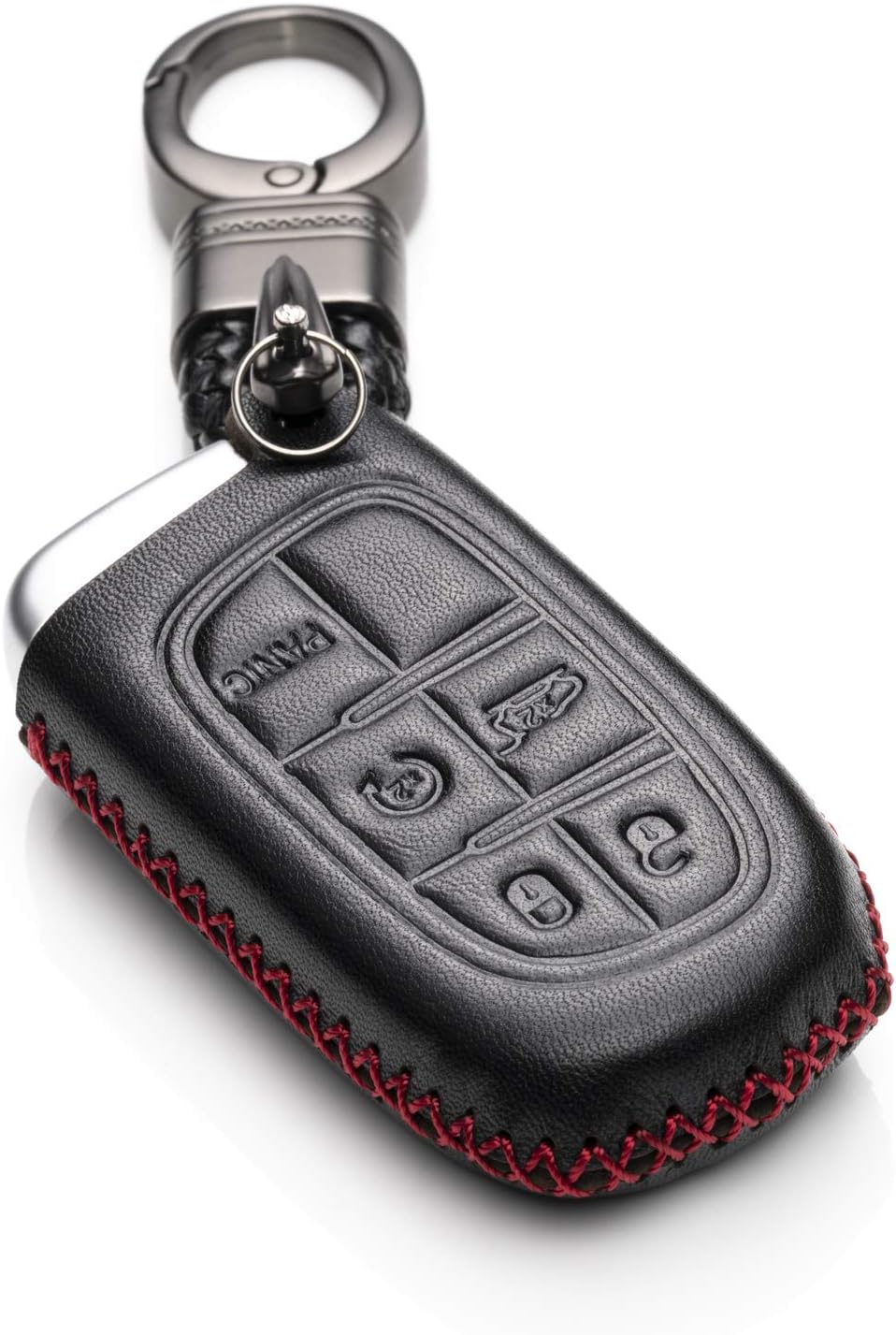 Vitodeco Genuine Leather Smart Key Fob Case Cover Protector for 2014-2018 Jeep Cherokee, 2013-2017 Ram 1500, 2500, 3500 (5 Buttons, Black/Red)