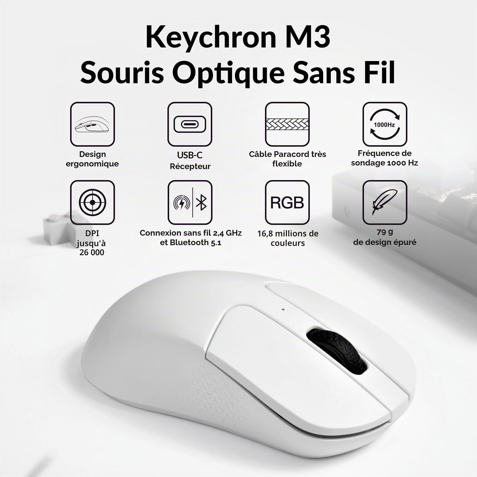 Keychron M3 Souris sans Fil Programmable, 2,4 GHz/Bluetooth 5.1/USB-C Connexion, 26 000 PPP, Capteur PAW3395, LED RVB, Durée 70 Heures, 79 g Souris Gamer pour PC, Mac, Ordinateur Portable - Blanche