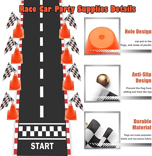 Miniatura 3 de Suministros para fiestas de autos de carreras, juego de 38 piezas 24 banderas a cuadros, 12 mini conos de tráfico, alfombra de hipódromo de 6.5