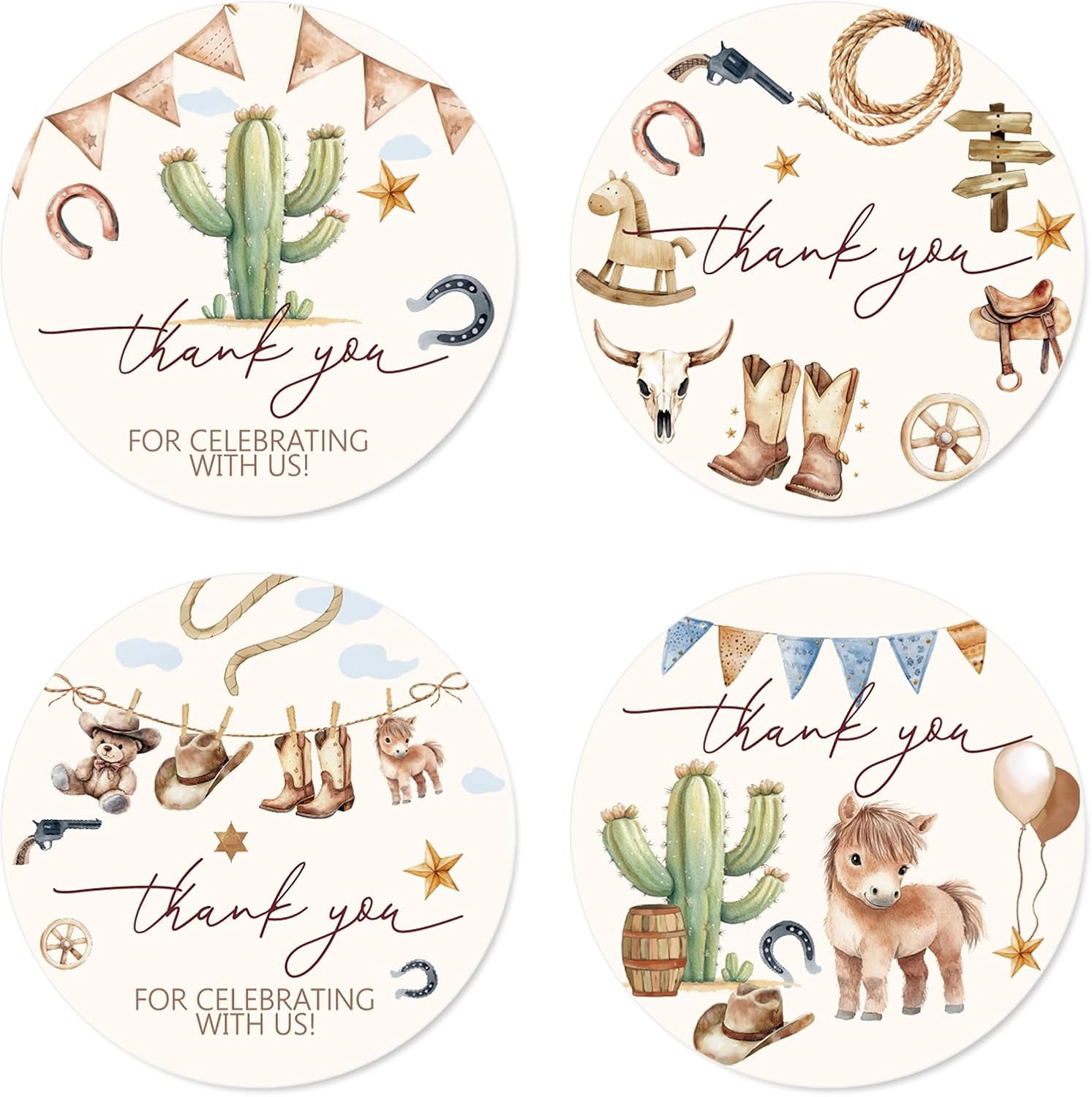 100Pcs Western Cowboy Thank You Stickers Vintage Wild West Rodeo Baby Shower Adhesive Sealing Label Decal Boots Cactus Sticker for Birthday