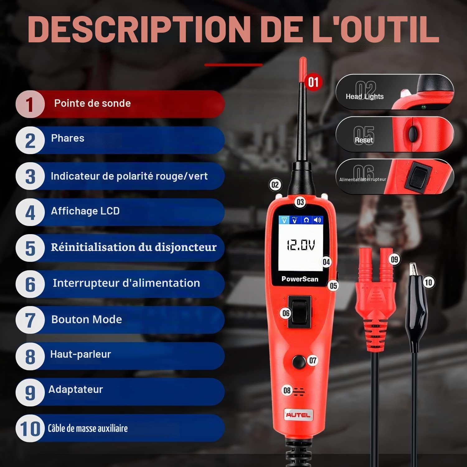 Autel PowerScan PS100 Sonde Circuit Électrique, 12V 24V Outil de Diagnostic Circuit Électrique, Testeur de Circuit Automobile, Lire la Résistance du Courant AC/DC, Disjoncteur Intégré, 20 Pieds Cordon
