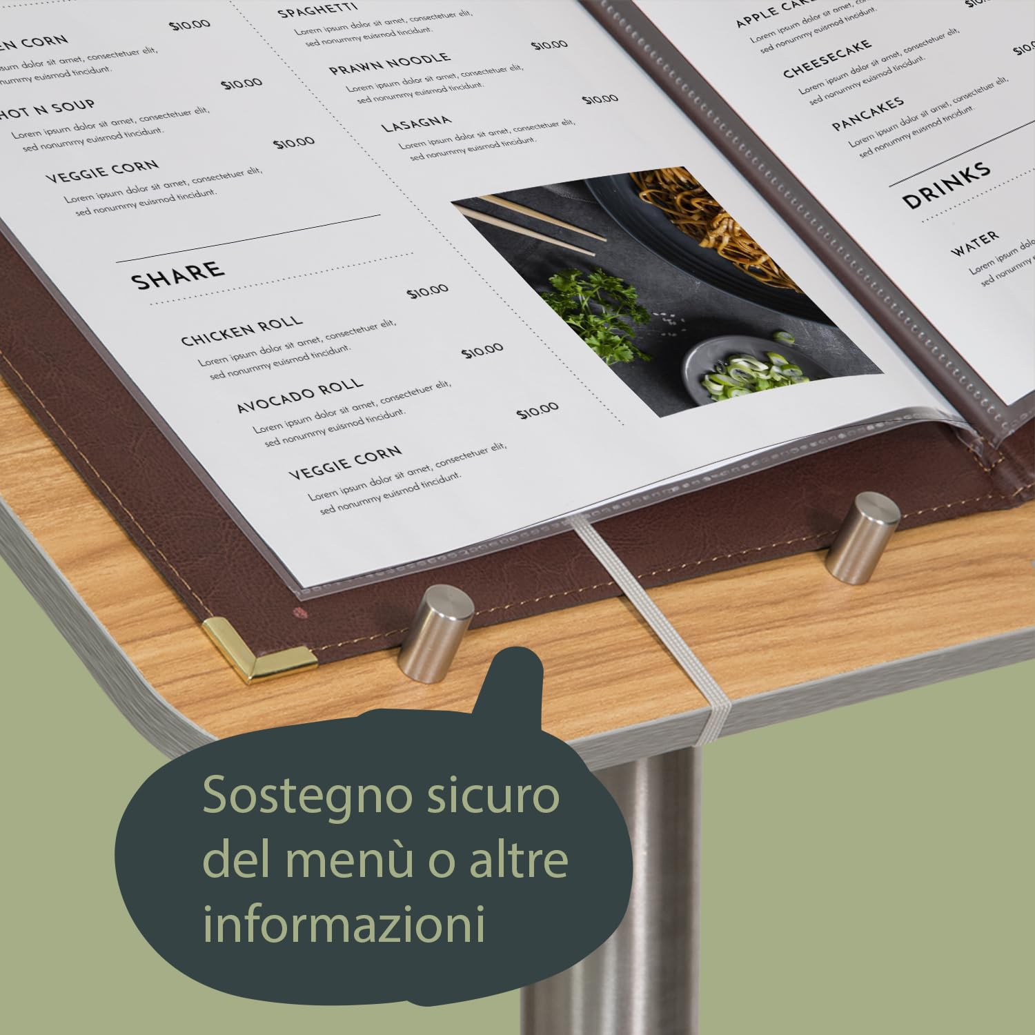 SECURIT - Leggio Porta Menu con Palo e Base - Per Caffè, Ristoranti, Bar, Negozi - Legno Laminato con Base in Acciaio Inox - Quattro Perni in Metallo e Elastici Inclusi - Teak