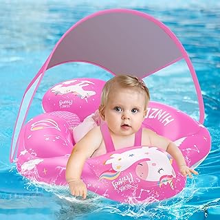 Baby Swimming Pool Floats with Canopy Inflatable Infant Pool Float UPF 50+UV Sun Protection and Anti-flip Tail for 3-36 Months Kids Swim Ring Water Toys Summer Pool Toys for Boys Girls