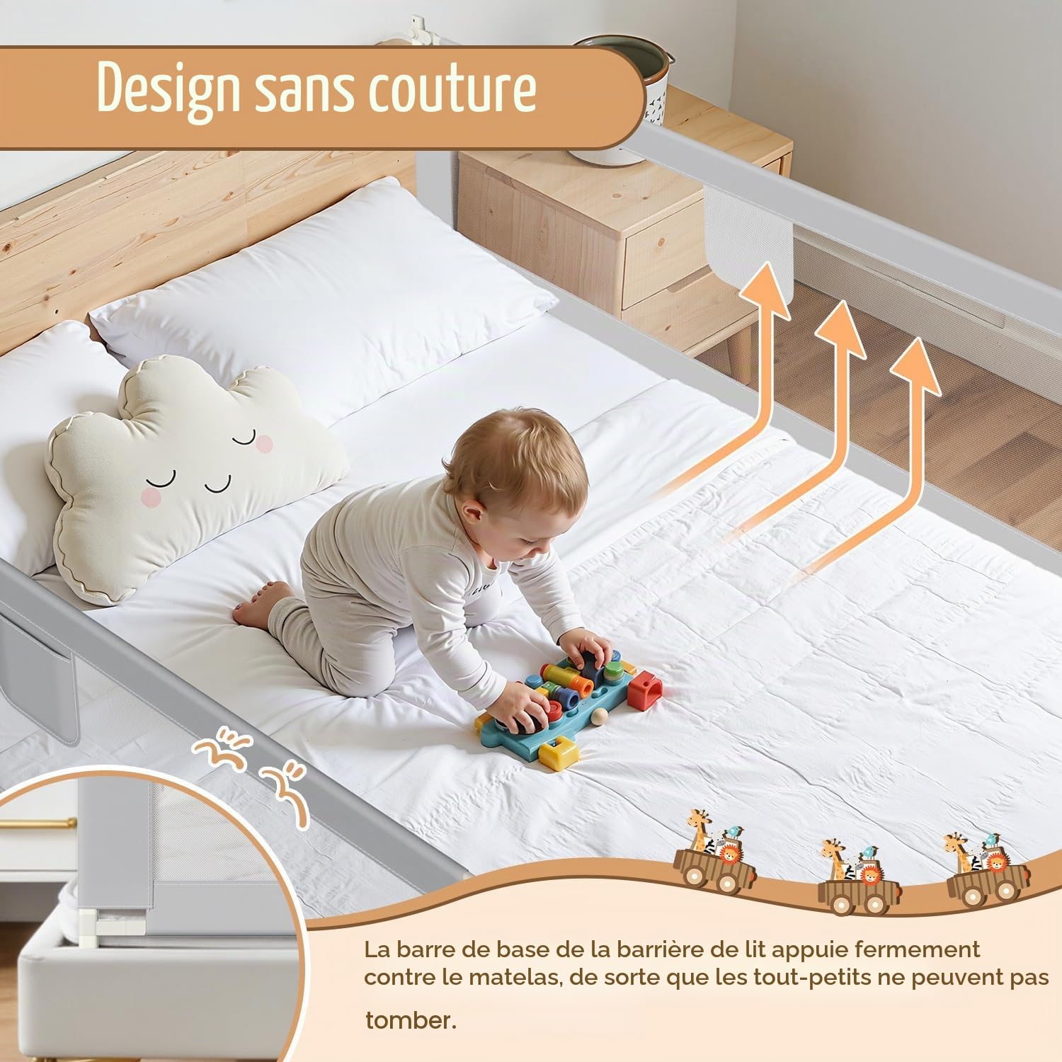 Ikodm Barrière de lit pour enfant - 2 x 200 cm et 1 x 180 cm - Réglable en hauteur de 64 à 96 cm - Protection anti-chute - Barrière de lit pour bébé - Gris
