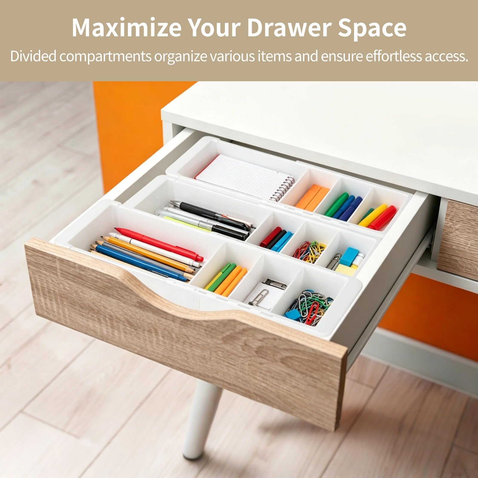 Set di 3 organizer estensibili per cassetti, in plastica bianca, con scomparti divisi, regolabili da 29 cm a 46 cm, per scrivania da ufficio, cucina, bagno, comò