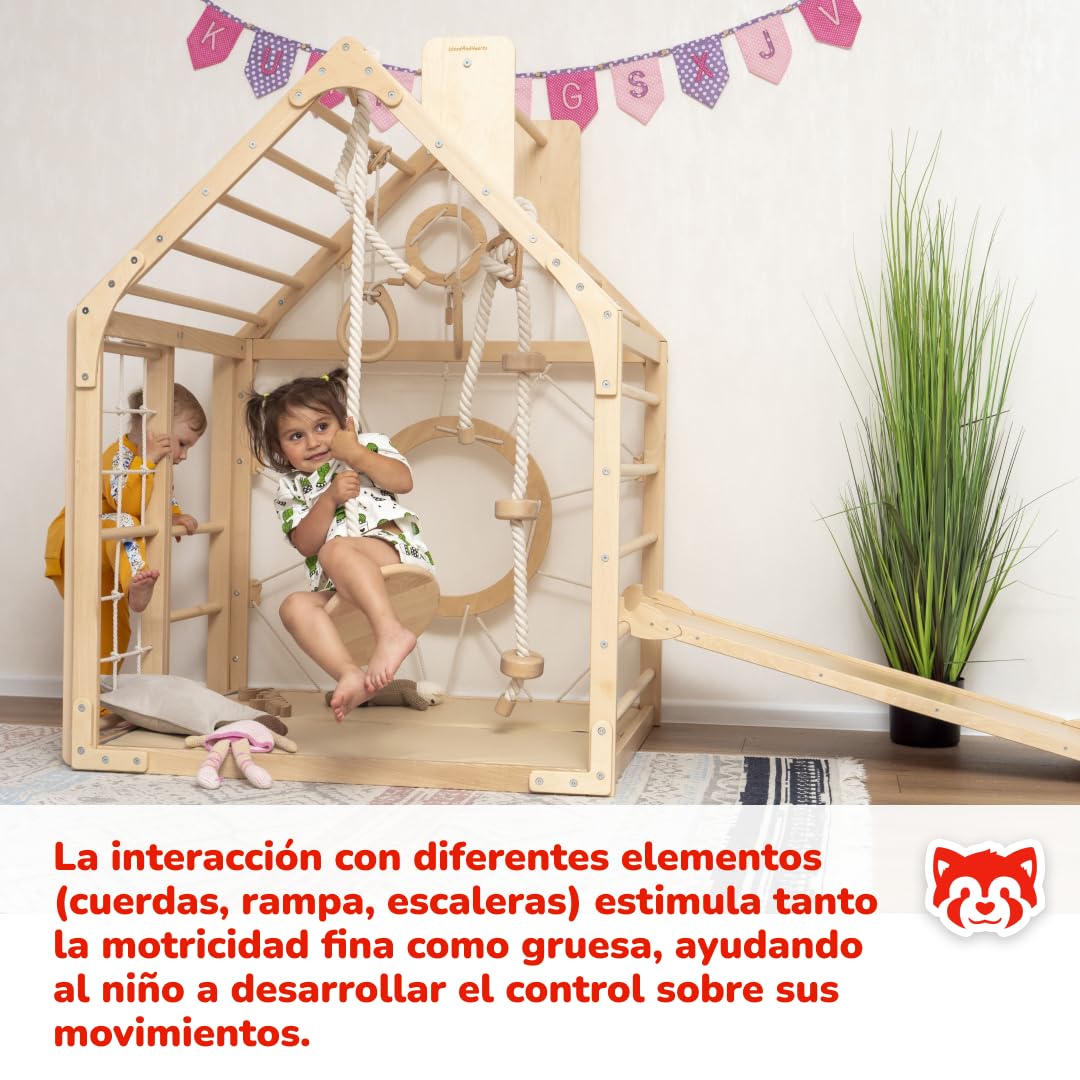 Woodandhearts Gimnasio Montessori de Madera para Bebés – Parque Infantil con Tobogán, Columpio, Rampa, Escalera y Rocódromo – Juego de Escalada y Centro de Actividades Montessori