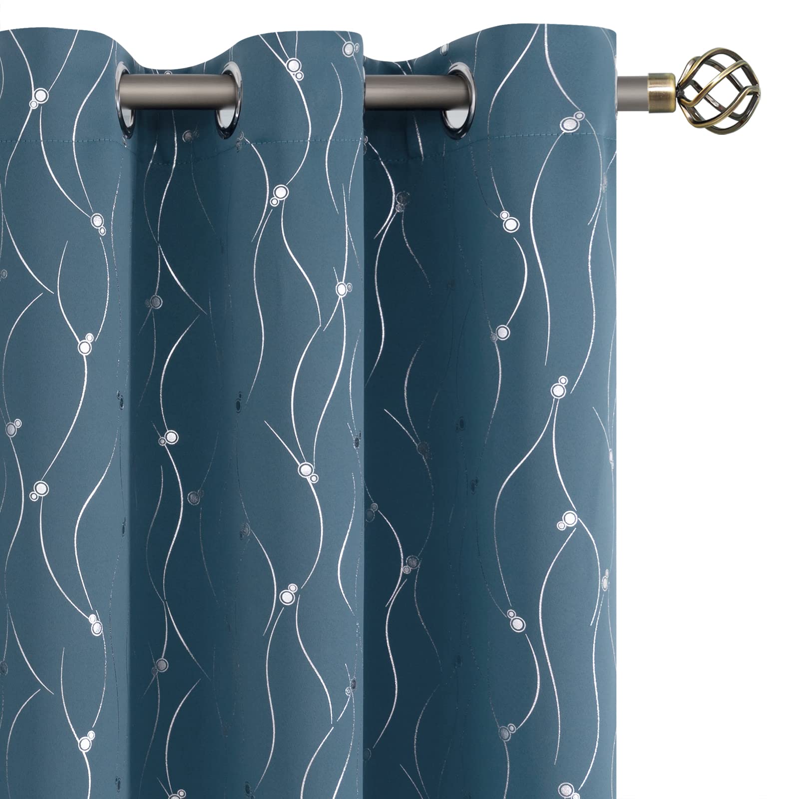 BGment Room Darkening Curtains 63 Inches Long, Grommet Thermal Insulated Blackout Curtains with Wave Line and Dots Printed for Bedroom, 2 Panels, Each 42 x 63 Inch, Steel Blue