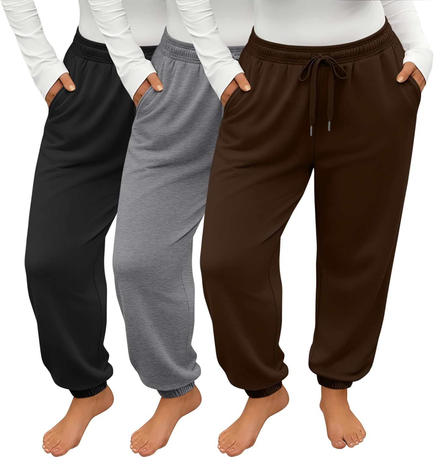3 Pack Women's Plus Size Joggers, Drawstring Loose Fit Sweatpants Comfy Casual Lounge Pants with Pockets