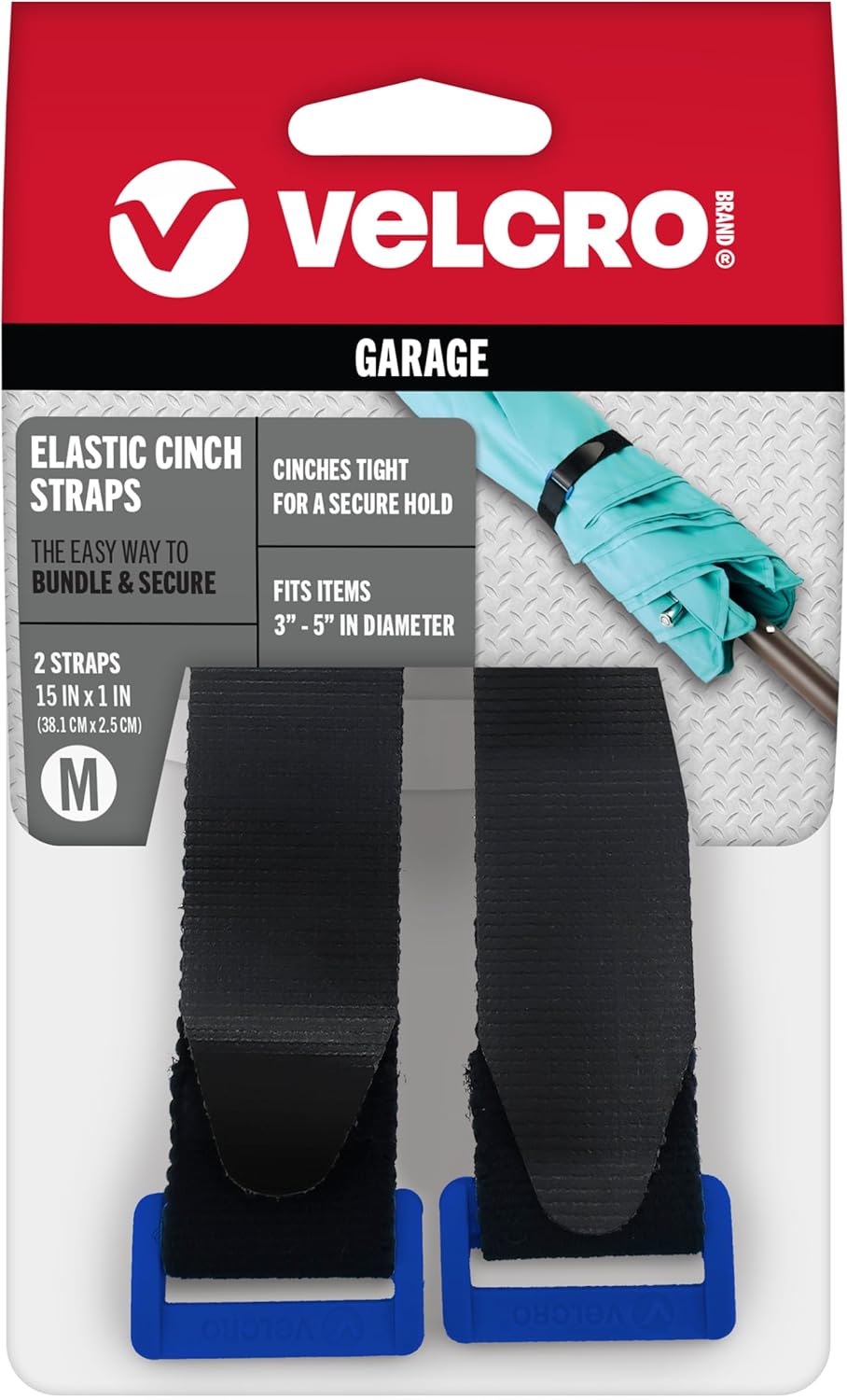 Velcro Brand Garage Organization | Elastic Cinch Straps with Buckle| Bundle Poles and Stakes, Organize Power Tool Cords | Adjustable and Stretch for Snug Fit | Black, 2ct, Medium - 15" x 1"