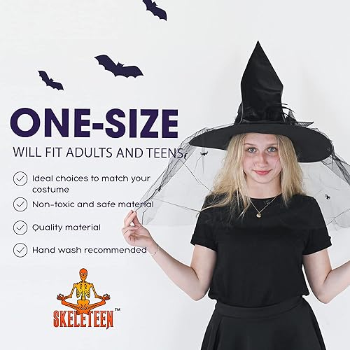 Miniatura 6 de Skeleteen Sombrero de bruja puntiagudo de lujo, mago glamoroso de Halloween, accesorios de brujas negras, sombrero de satén con lazo, arañas y