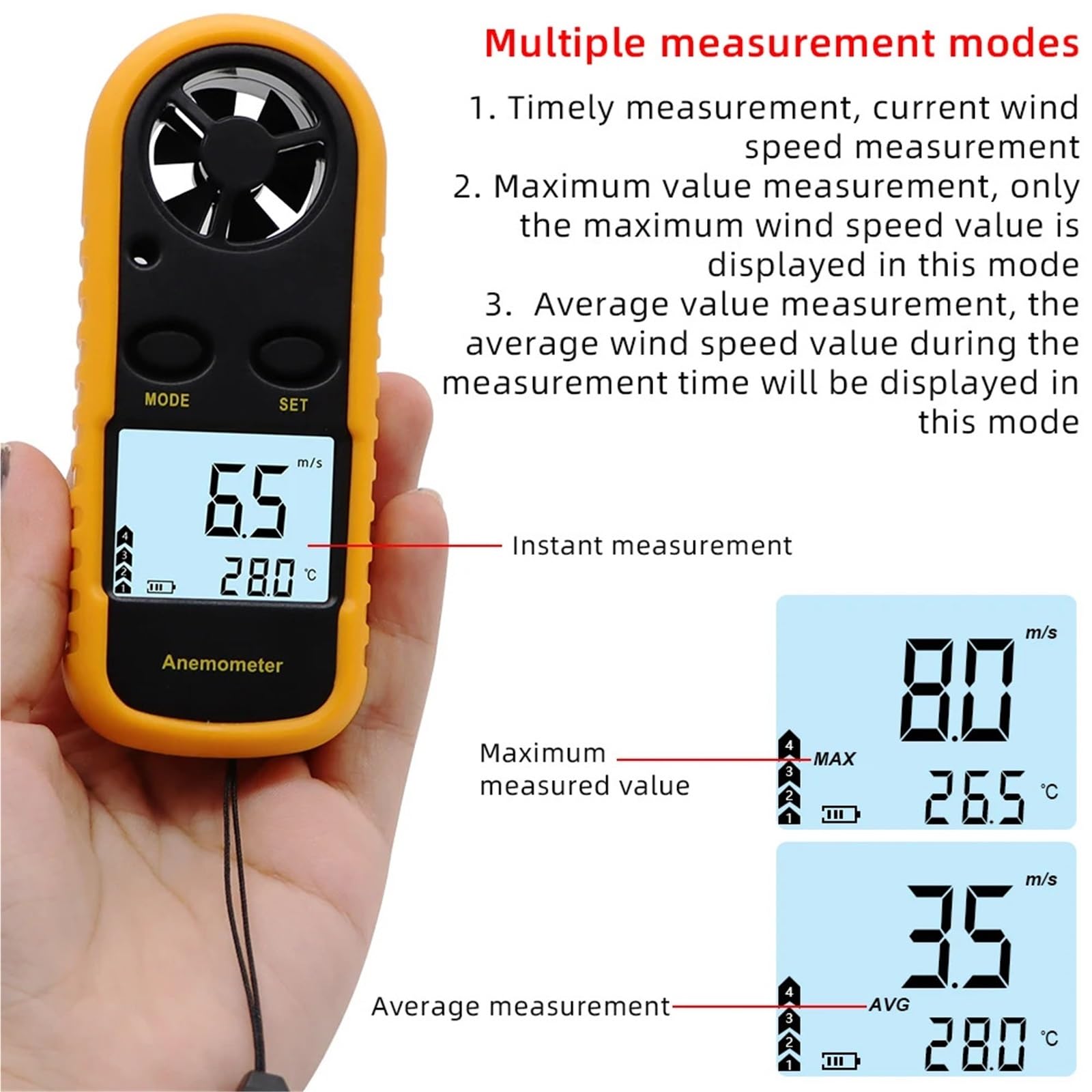 Anemómetro digital, Anemómetro Digital, termómetro para medir la velocidad del viento, probador de temperatura, portátil, alta precisión, medidor 0-30m/s