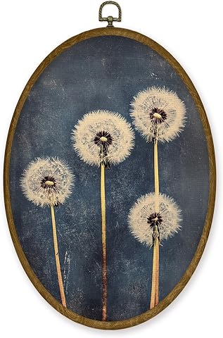 JMENGSSFL Vintage Dandelion Oval Wall Art Decor, Rustic Retro Floral Canvas Prints, Blue Mid Century Modern Framed Wall Art for H…