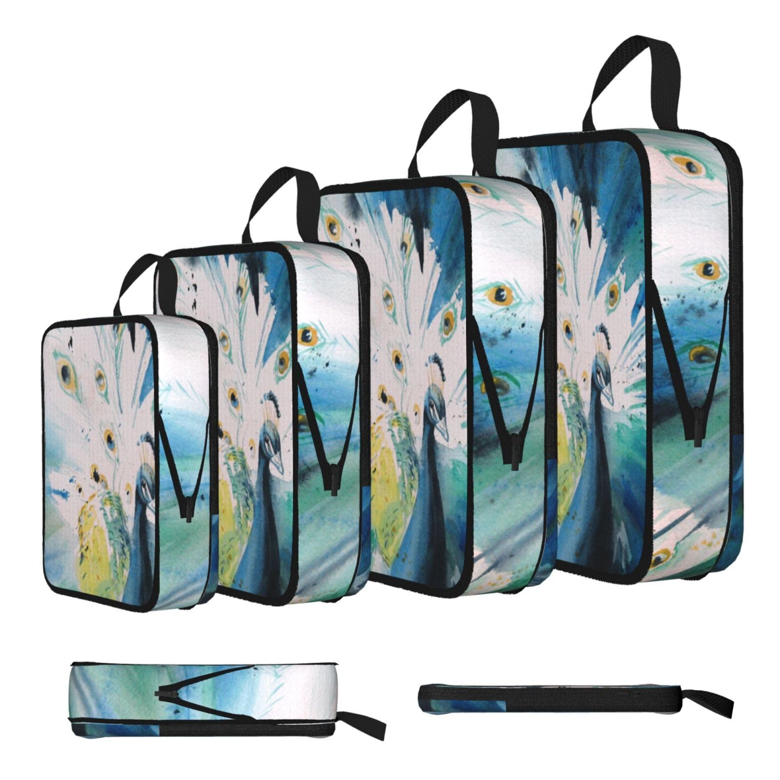 Cute Peacock Print 4 Set Compression Packing Cubes For Suitcases,Expandable Storage Bags Organizers