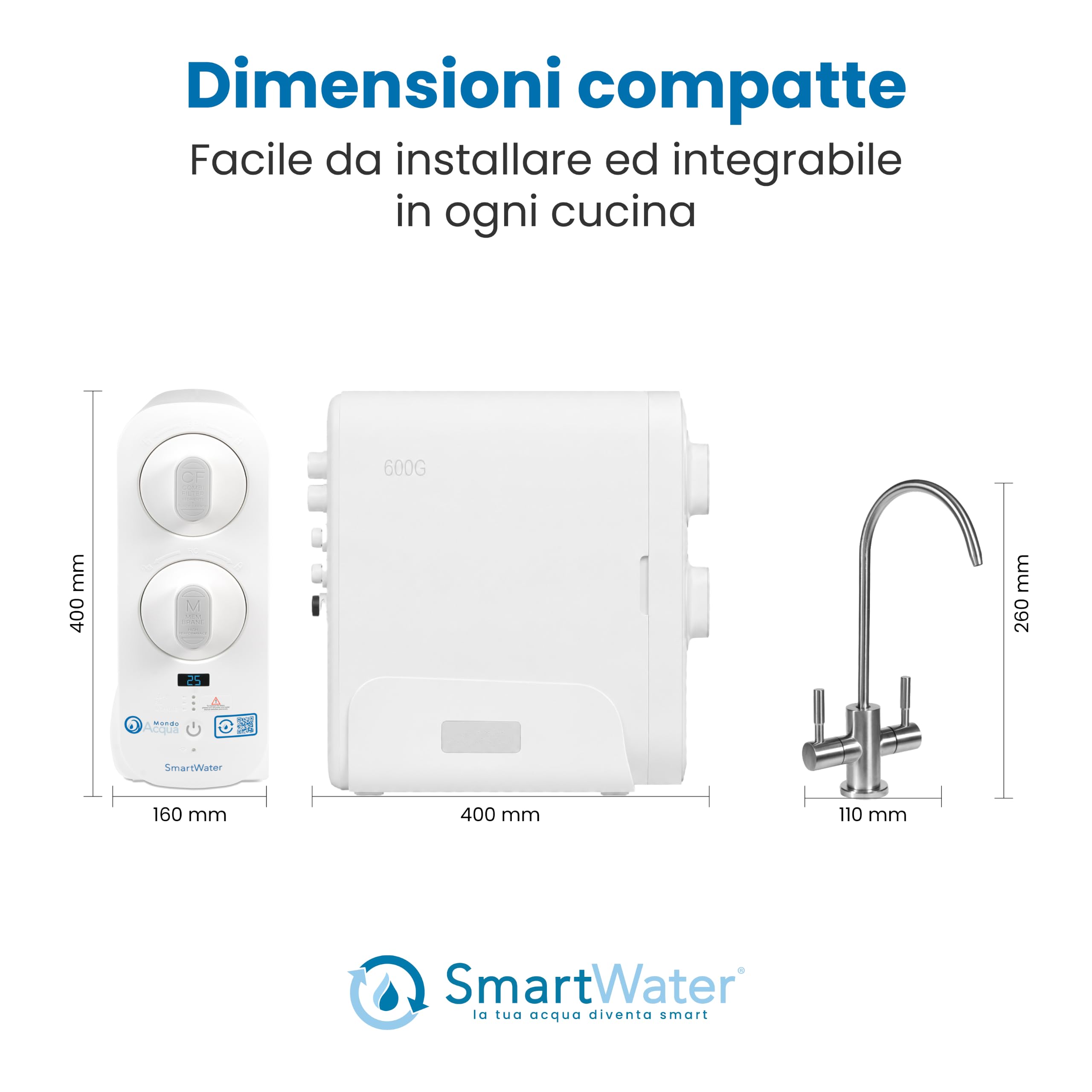 SmartWater depuratore acqua sottolavello a osmosi inversa e microfiltrazione, display TDS, senza abbonamento, 2304 L al giorno, 1,6 L min, bianco