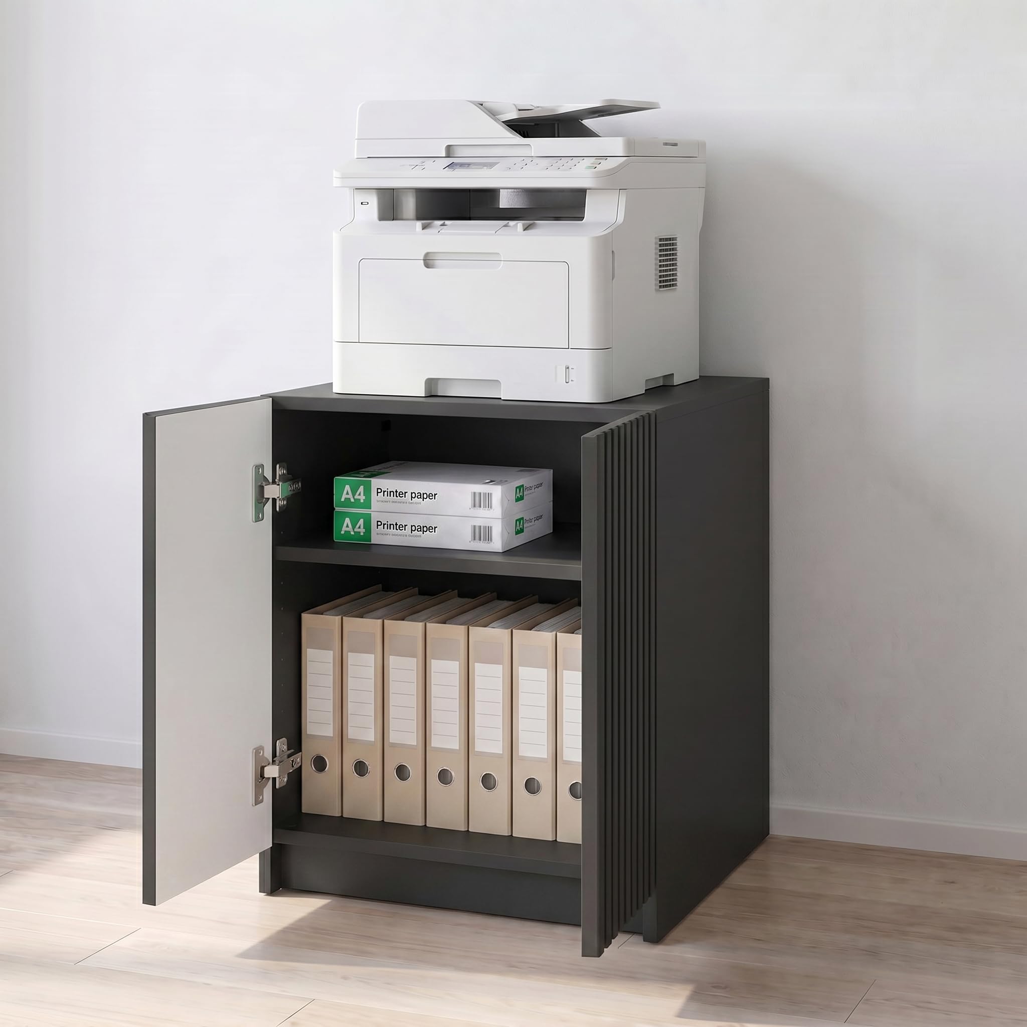 Druckerkommode Rivo, Aktenschrank mit 2 Fächern und 2 Türen, Druckerschrank in Schwarz matt/Schwarz geriffelt, (51 x 60,5 x 54 cm)