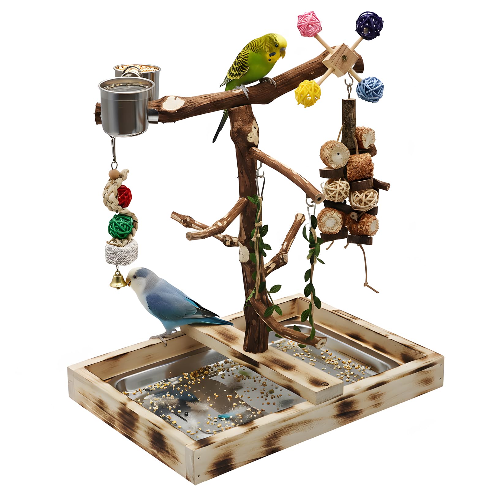 Großer Vogelspielplatz mit Sitzstangen aus Naturholz, geeignet für kleine Vögel wie Wellensittiche, Sittiche, Sittiche, Lovebirds, inklusive Futterbecher, Schaukel und Vogelkauspielzeug
