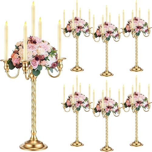 Paquete de 6 candelabros dorados a granel para bodas, altos y cónicos, centro de mesa, soporte de velas de 5 brazos con flores florales, soporte de