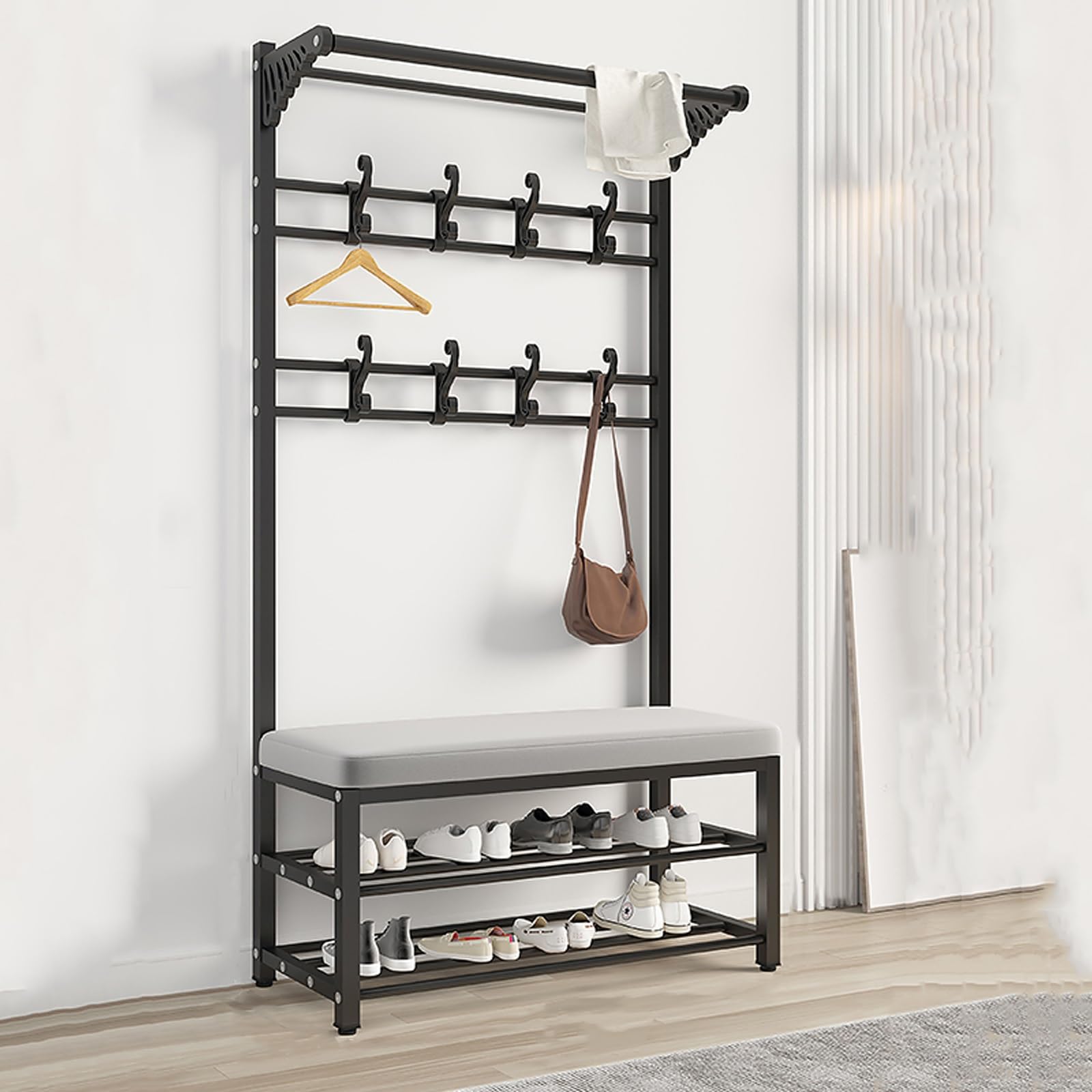GHFXSCV Industrial Rustic Hall Tree with Bench & Shoe Sto, Entryway Coat Rack, Easy Assembly, Black 60cm – Perfect for nized Entryways and Home Décor