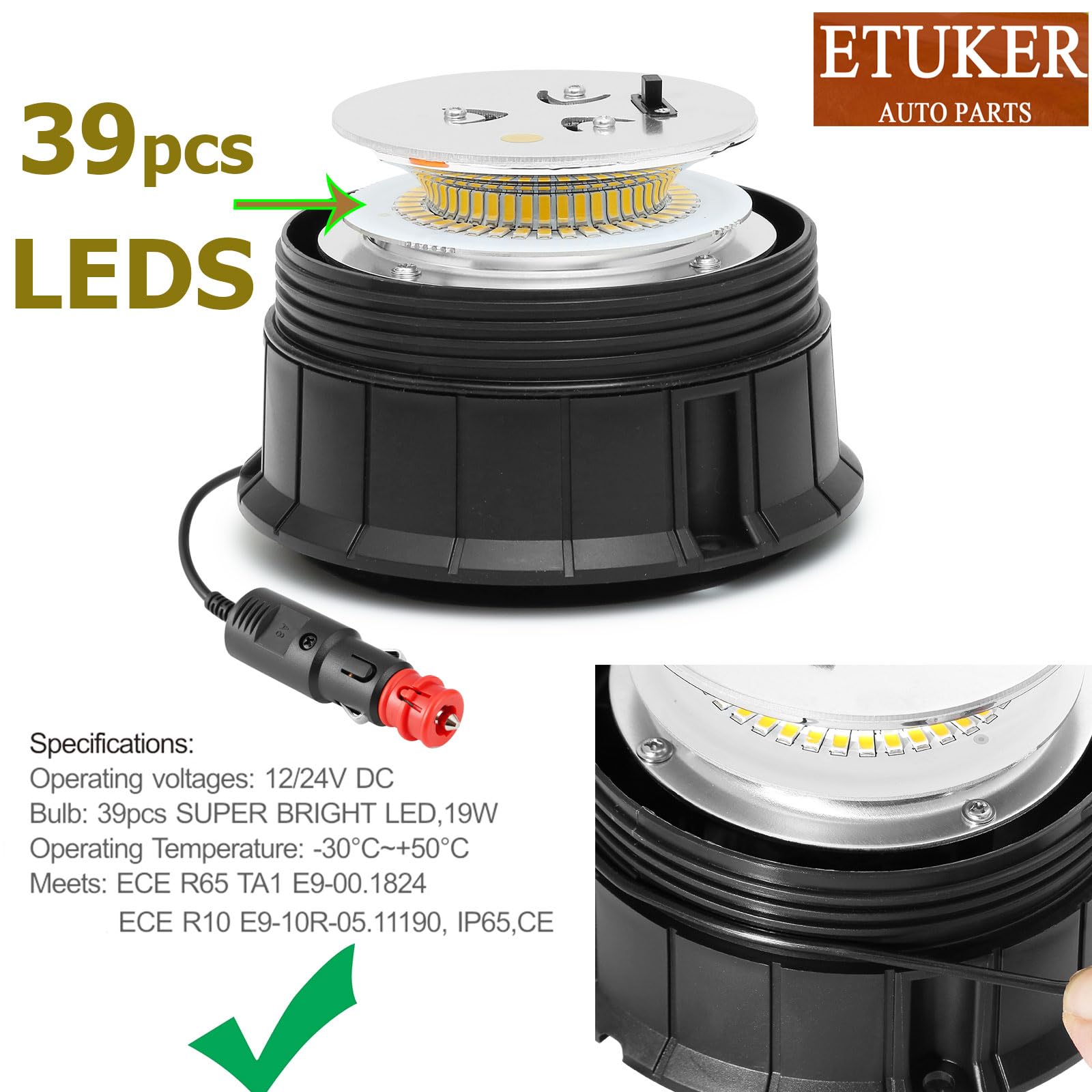 Piloto Estroboscópica Luz Rotativo Led NaranjaTractor Magnetico 12v 24v Flash de Emergencia Homologadas