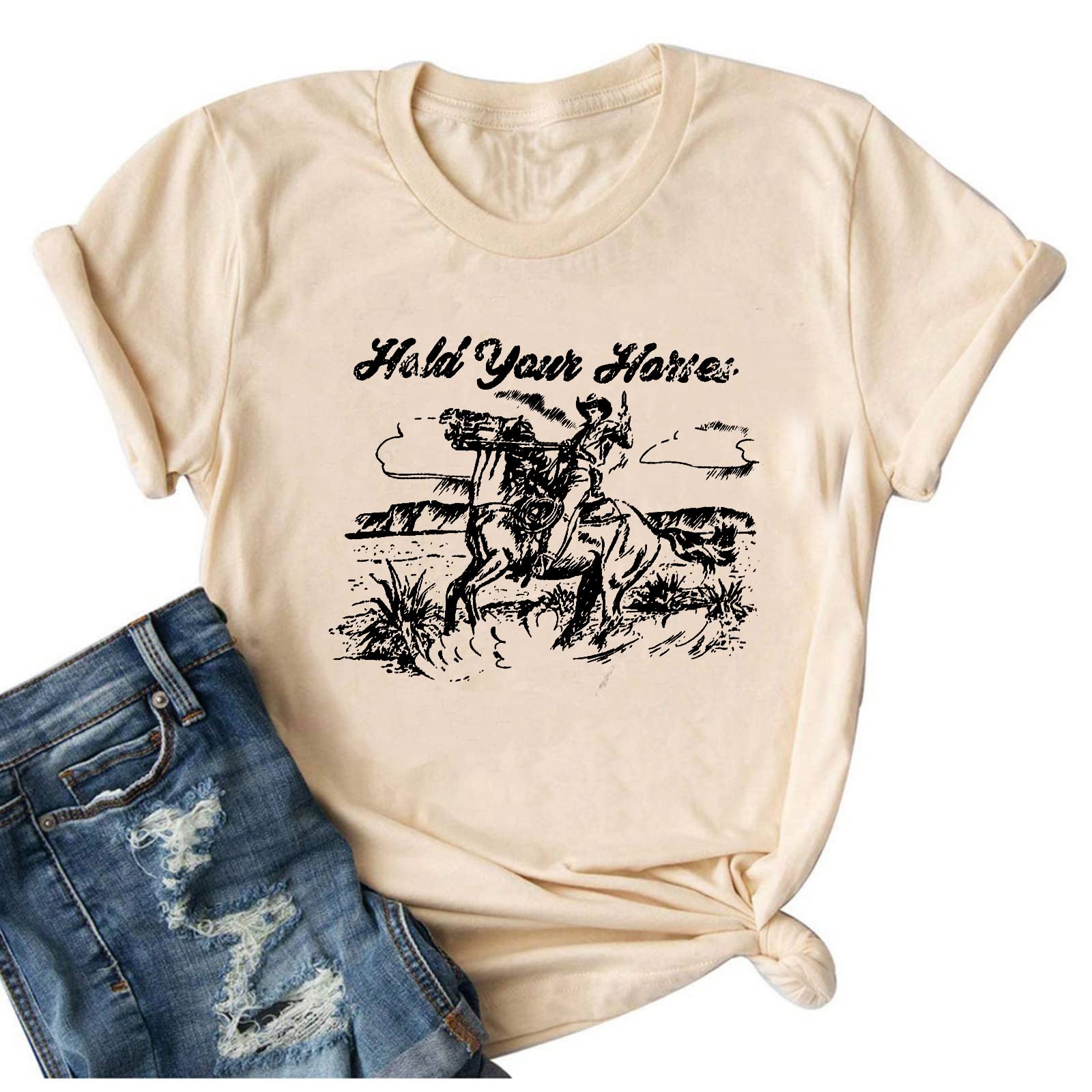 Hold Your Horses T Shirt Women Funny Rodeo Graphic Tees Vintage