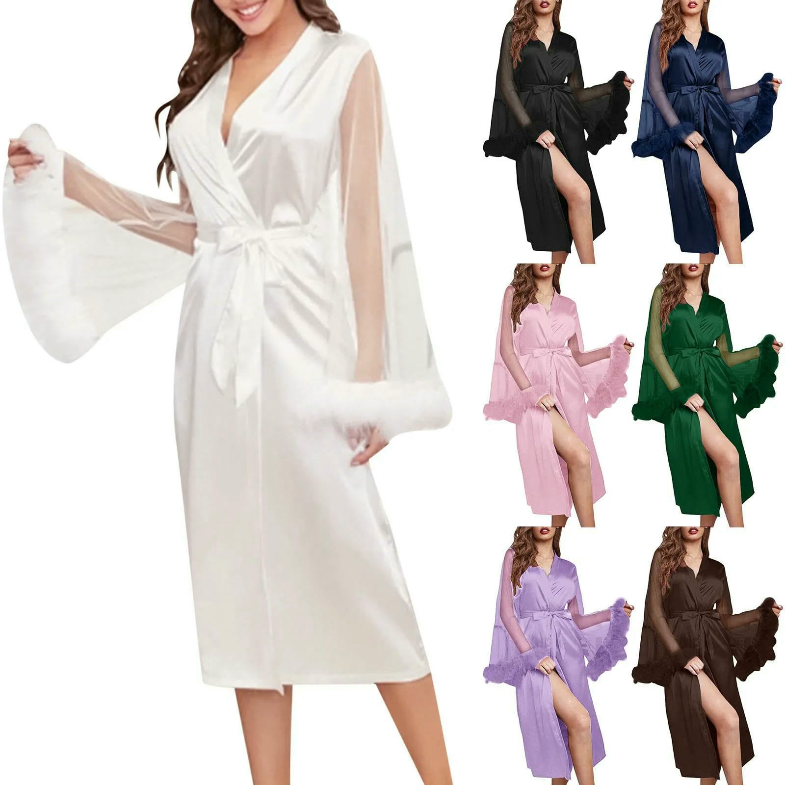 Accappatoio Donna Abito da Sposa Femminile con Rifinitura in Pizzo Feste di Nozze Kimono Abiti Raso Morbido Che Ottiene-Blu-l