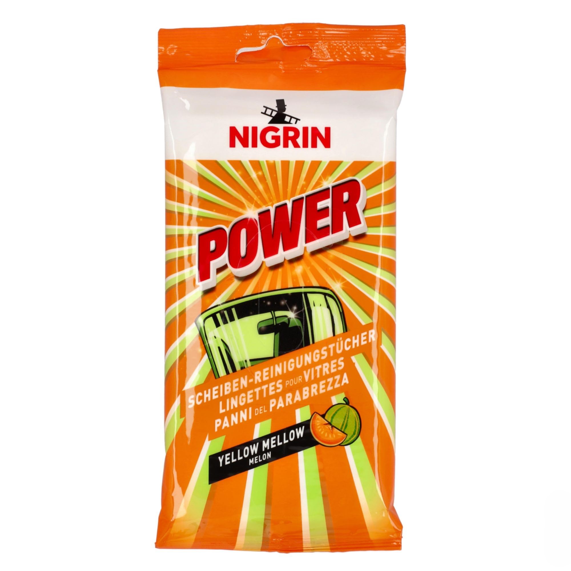 NIGRIN POWER Scheiben Reinigungstücher, für innen und außen, streifen-und schlierenfrei, praktisch für unterwegs, sicher und schonende Anwendung, Yellow Mellow, 20 Tücher