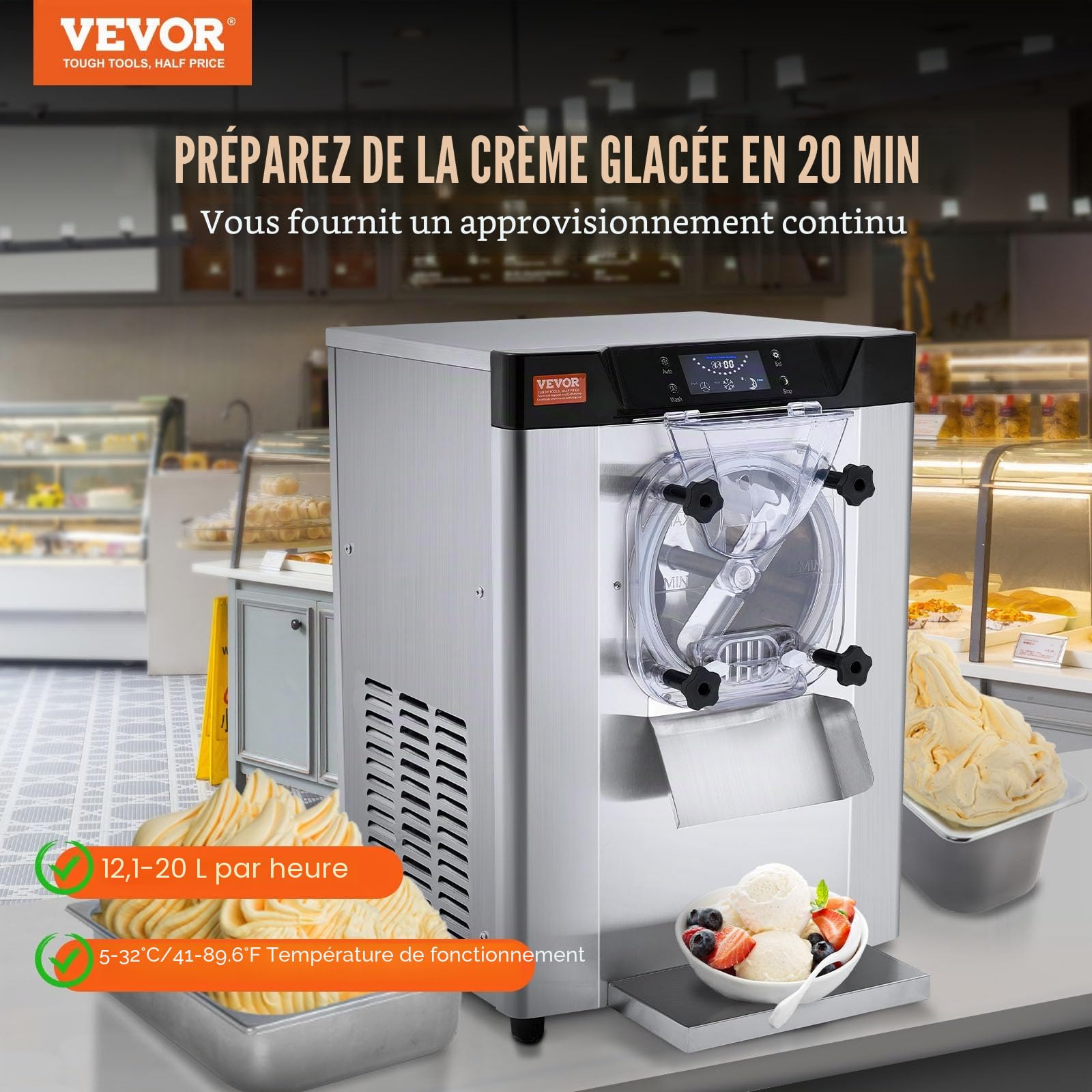 VEVOR Sorbetière Commerciale Rendement 12 L/h, Turbine à Glace 1295 W Saveur Unique, Machine à Glace Électrique Cylindre en Inox de 4,5 L, Pré-refroidissement Automatique, Panneau LED, pour Snack-bars