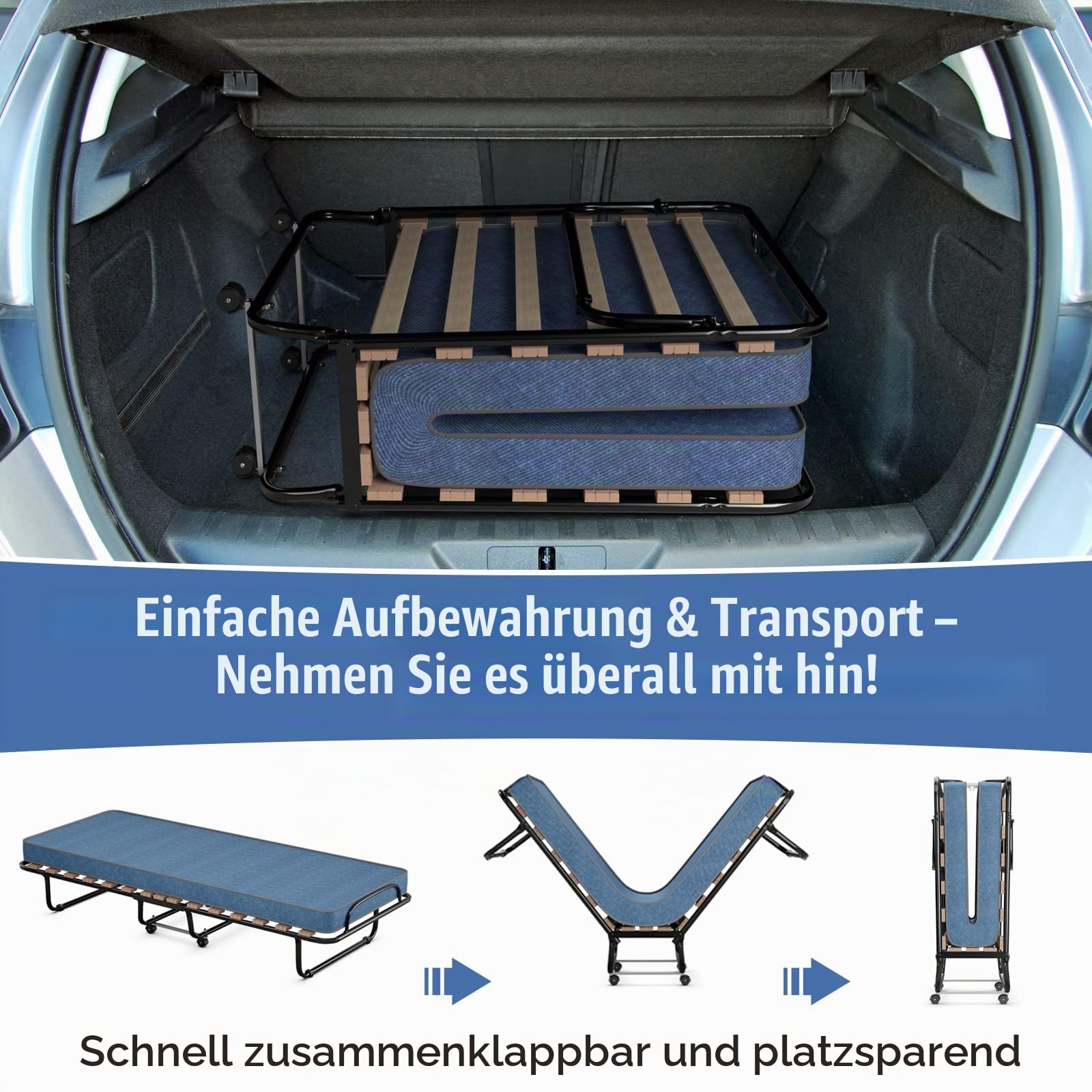 GIANTEX Gästebett klappbar, Klappbett 80x190cm Erwachsene, Einzelbett mit Matratze aus Memory-Schaum, Reisebett mit 4 Rollen, klappbares Bett Faltbett Metallbett Metallrahmen 130 kg belastbar (Blau)