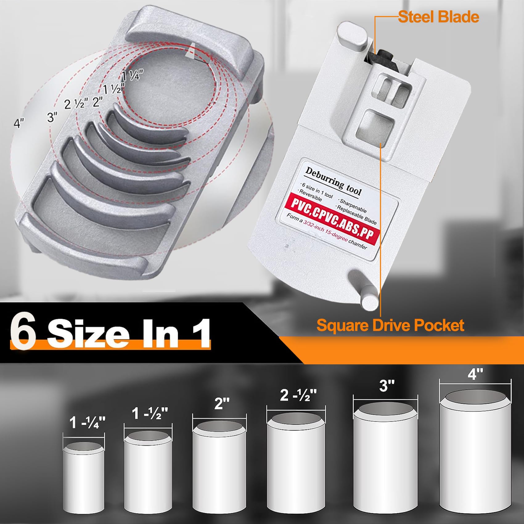 PVC Pipe Chamfer Tool for Pipe Burring of Six Pipe Sizes from 1-1/4 to 4
