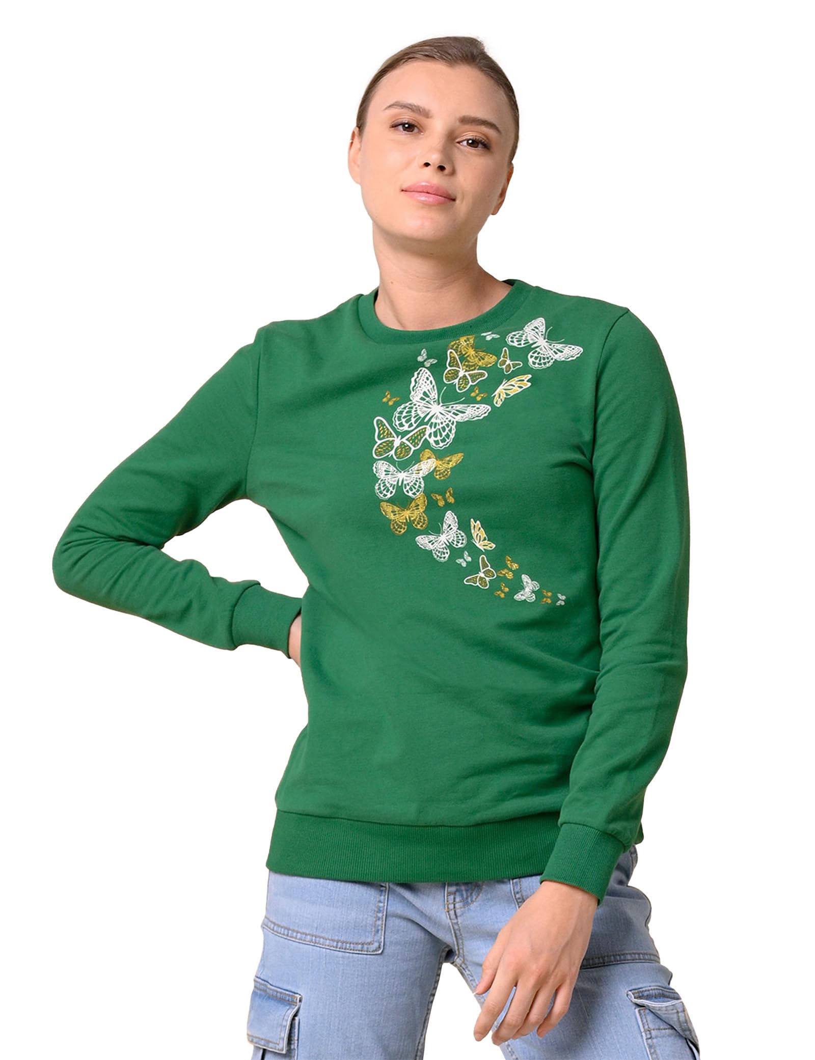 Womens Butterfly Print Sweatshirt Crew Neck Long Sleeve Jumper Glitter Design Ribbed Detail Cotton Blend Comfortable Fit Ladies Sweatshirt Everyday Casual Chic Layering Top